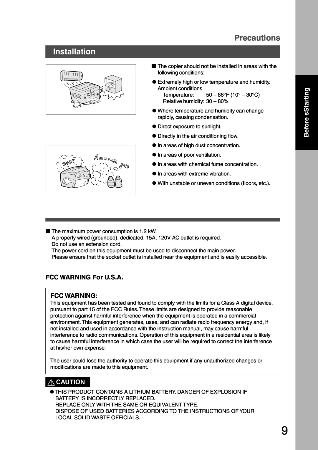 Panasonic DP-1810F manual Installation, FCC WARNING For U.S.A FCC WARNING, Before sStarting, Precautions 