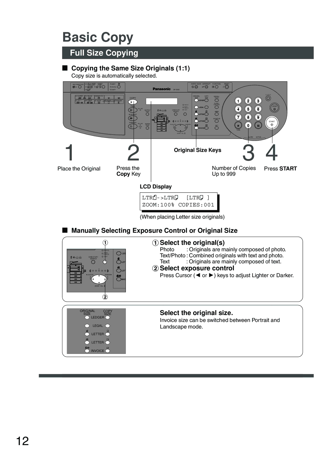 Panasonic DP-200 manual Basic Copy, Full Size Copying 