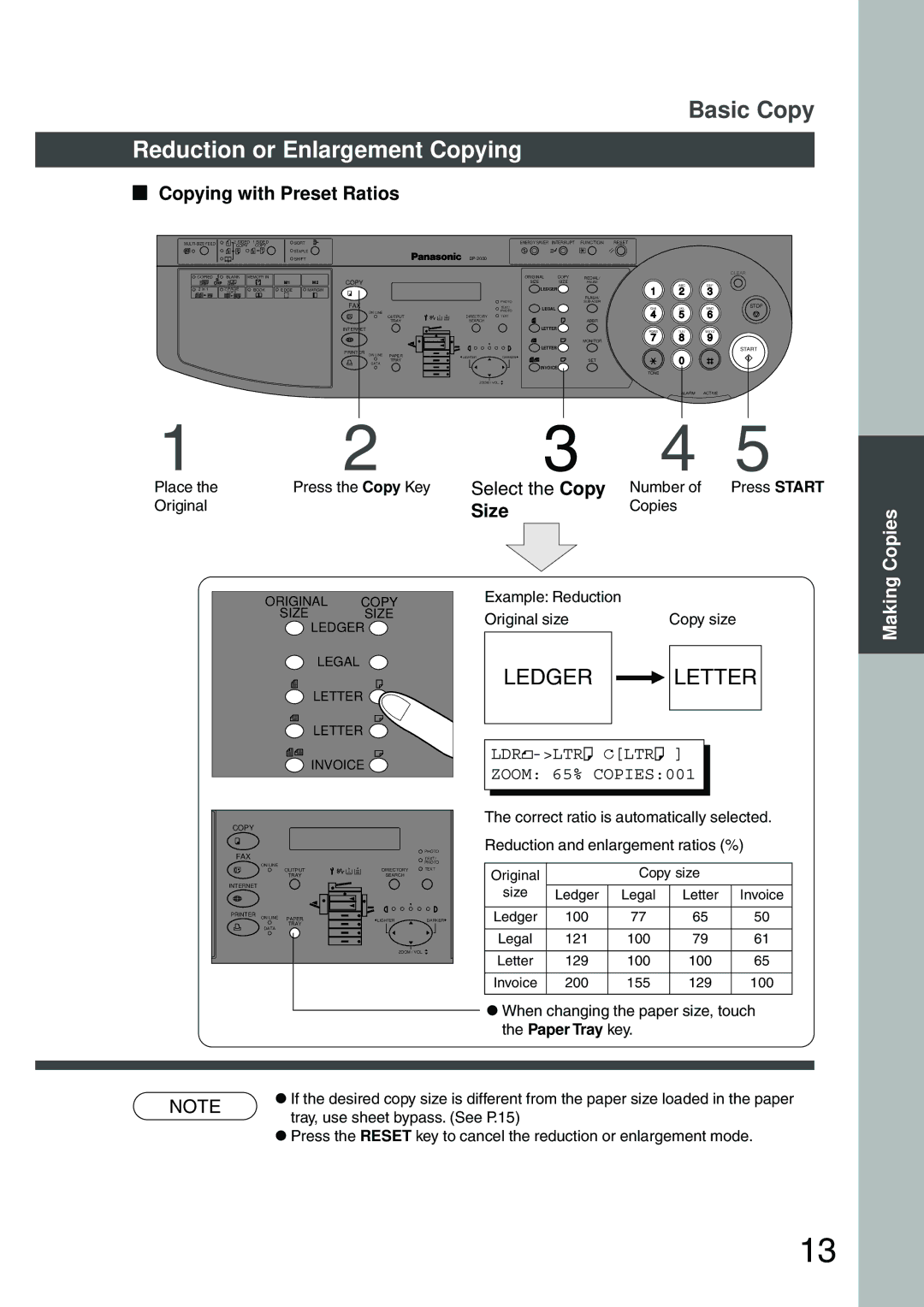 Panasonic DP-200 manual Reduction or Enlargement Copying, Copying with Preset Ratios, Select the Copy, Size 