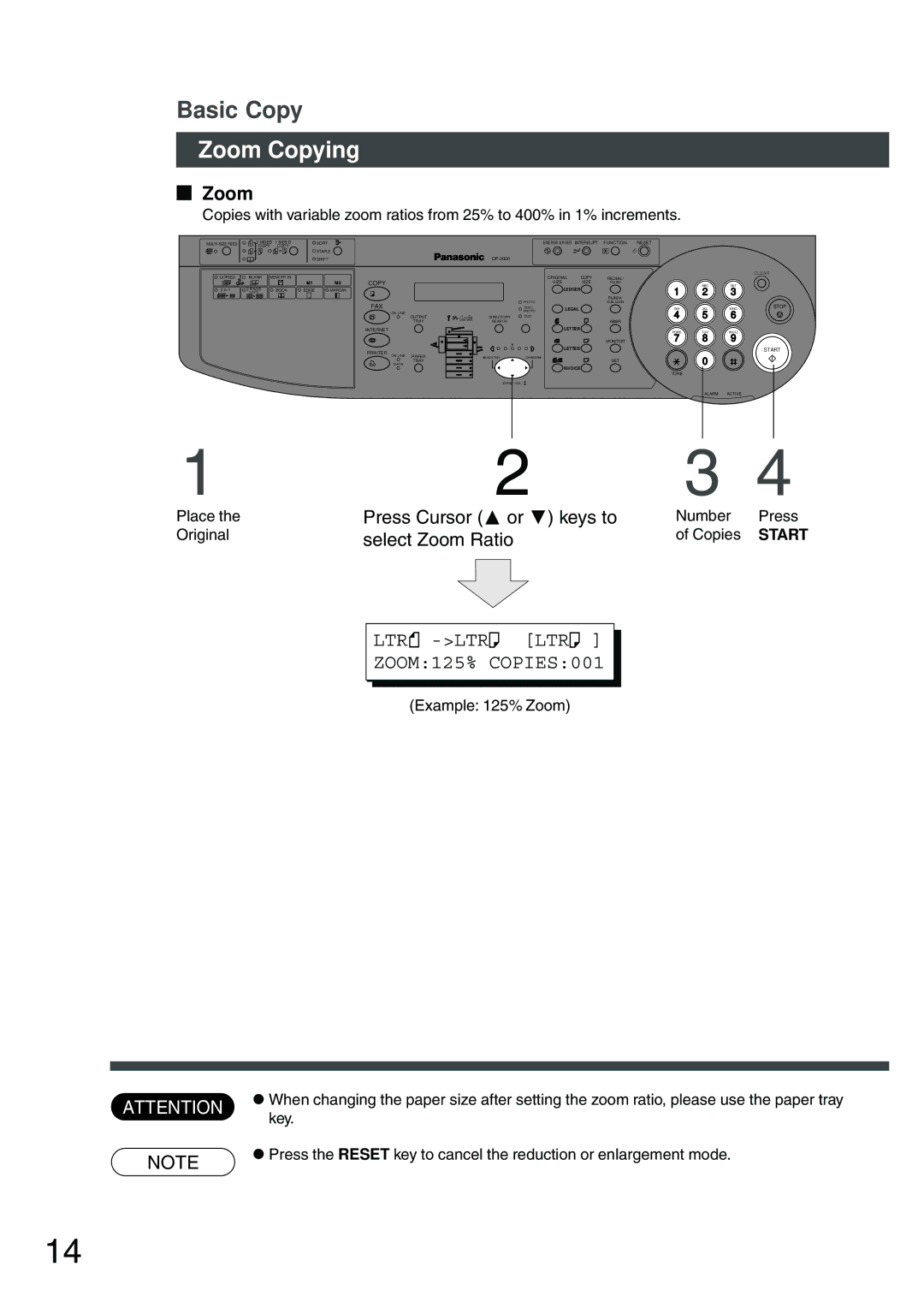 Panasonic DP-200 manual Zoom Copying, Press Cursor F or G keys to select Zoom Ratio 