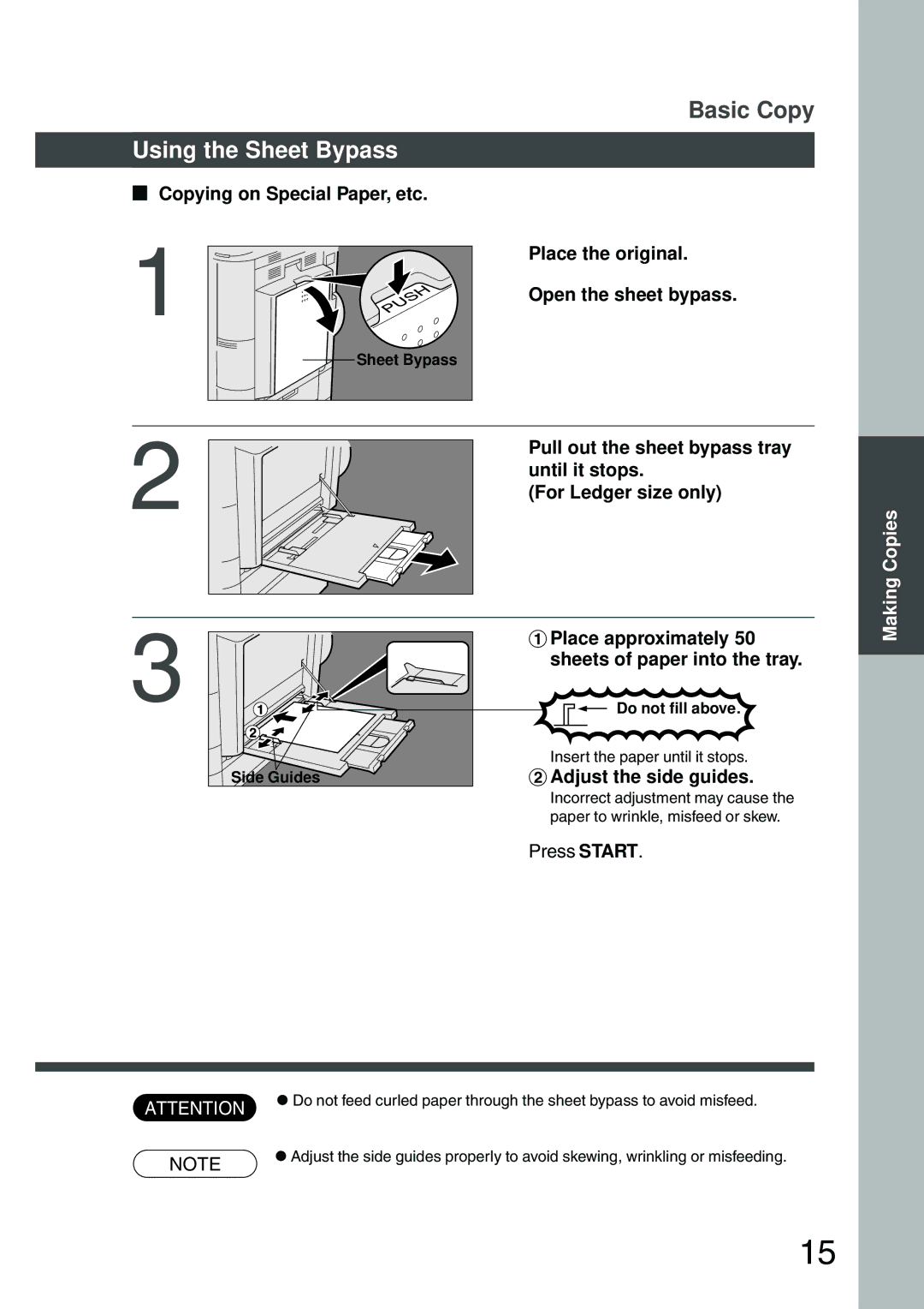 Panasonic DP-200 manual Using the Sheet Bypass, Copying on Special Paper, etc, $Adjust the side guides, Press Start 