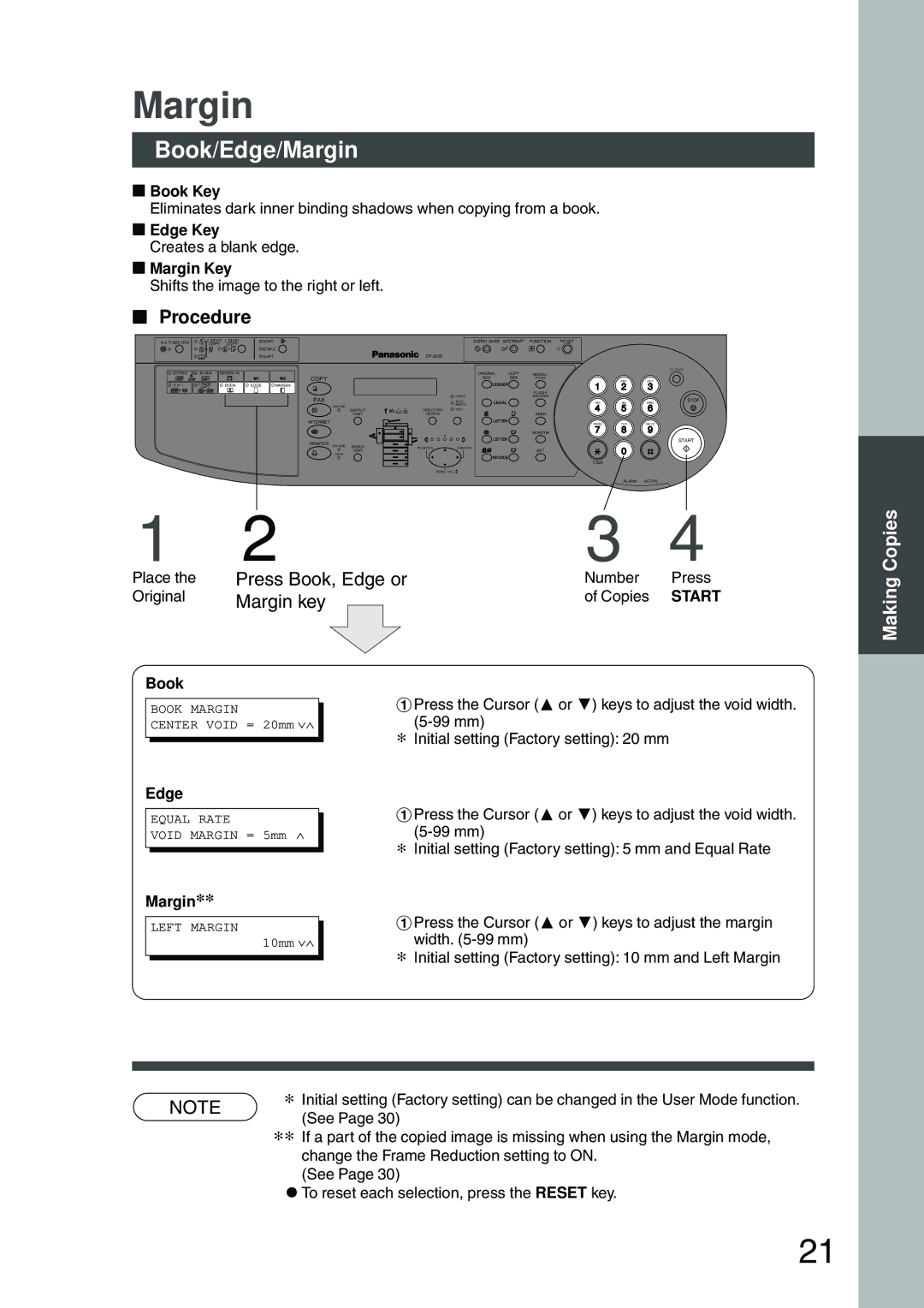 Panasonic DP-200 manual Book/Edge/Margin, Press Book, Edge or, Margin key 