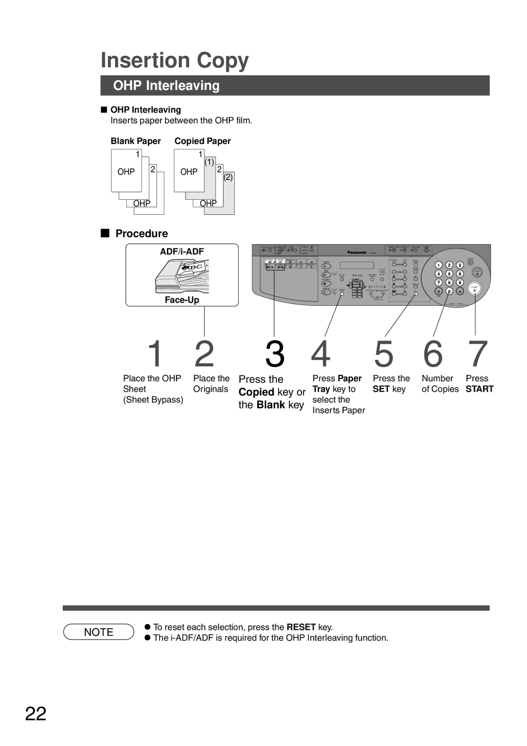 Panasonic DP-200 manual OHP Interleaving, Press the Copied key or the Blank key, Blank Paper, Copied Paper 