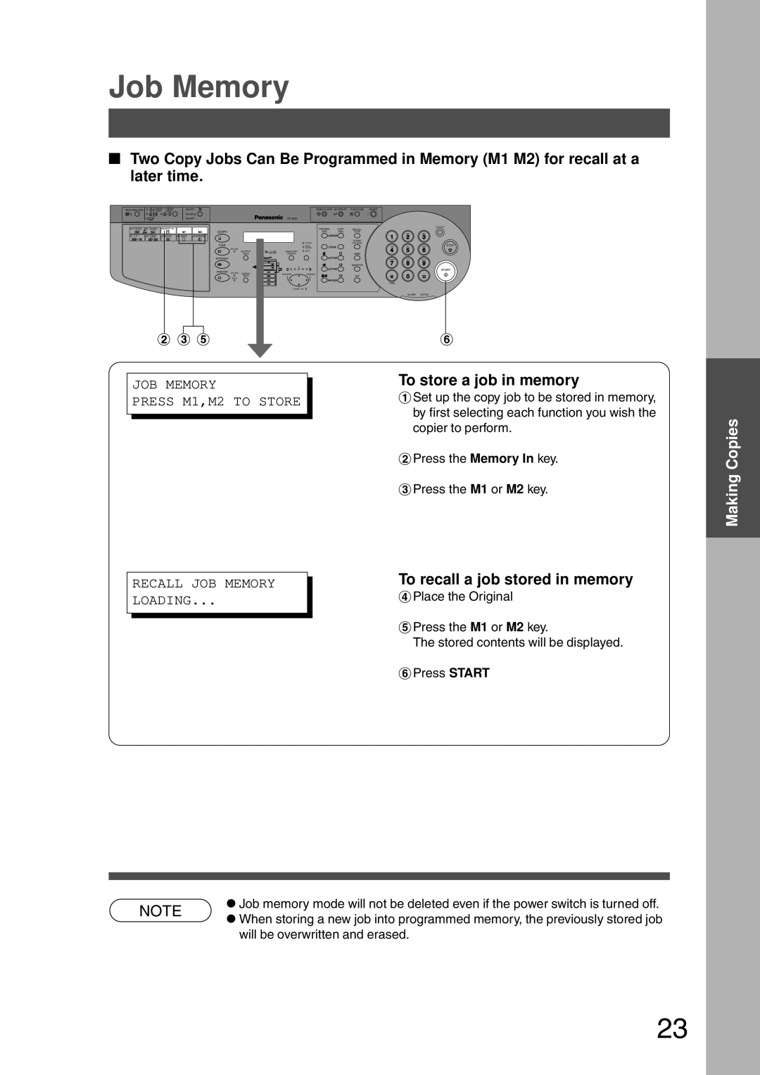 Panasonic DP-200 manual To store a job in memory, To recall a job stored in memory 