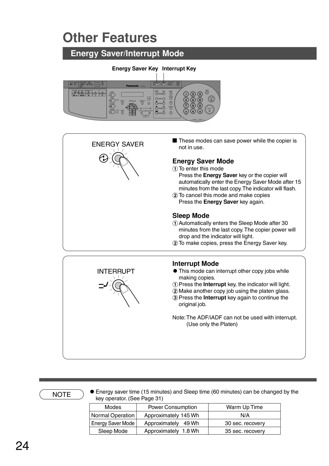 Panasonic DP-200 manual Energy Saver/Interrupt Mode, Energy Saver Mode, Sleep Mode, Energy Saver Key Interrupt Key 