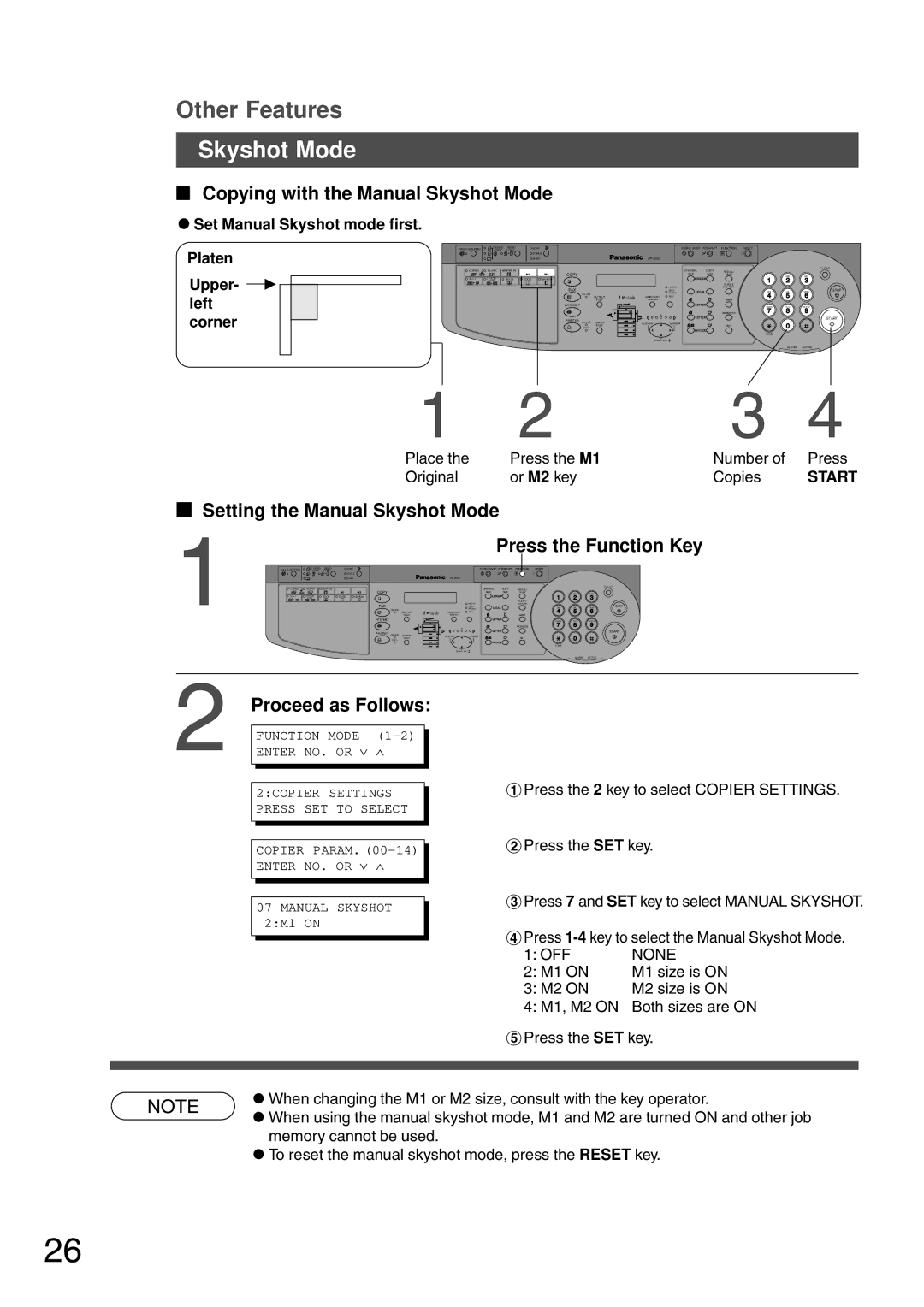 Panasonic DP-200 manual Copying with the Manual Skyshot Mode, Setting the Manual Skyshot Mode Press the Function Key 