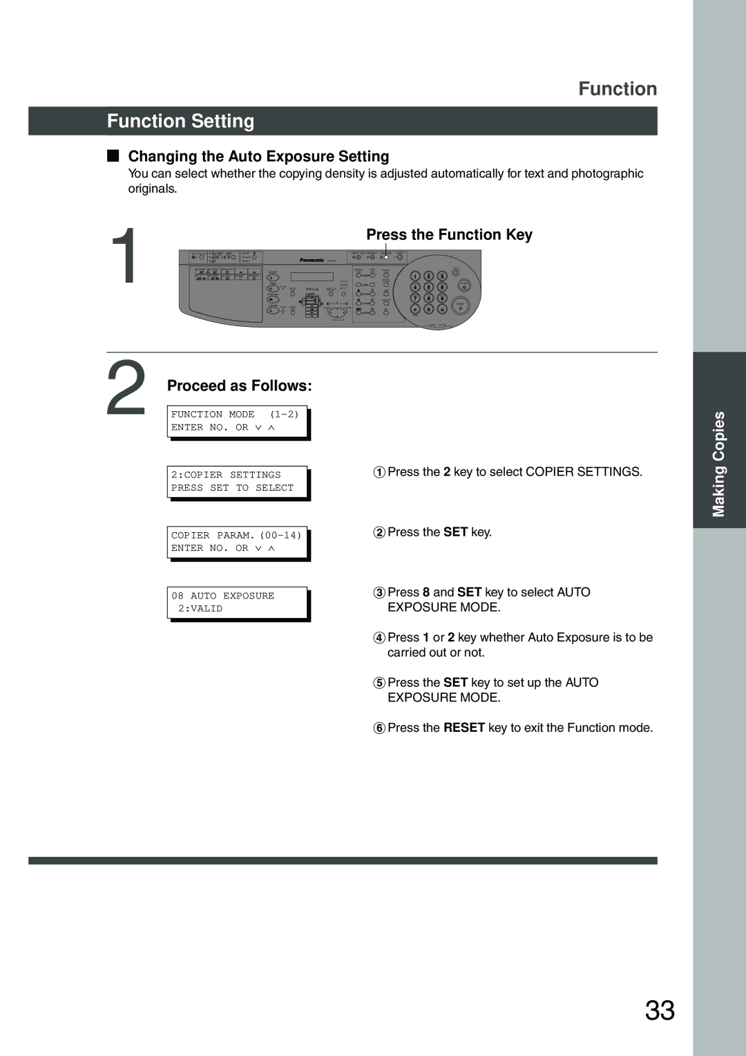 Panasonic DP-200 manual Function Setting, Changing the Auto Exposure Setting 