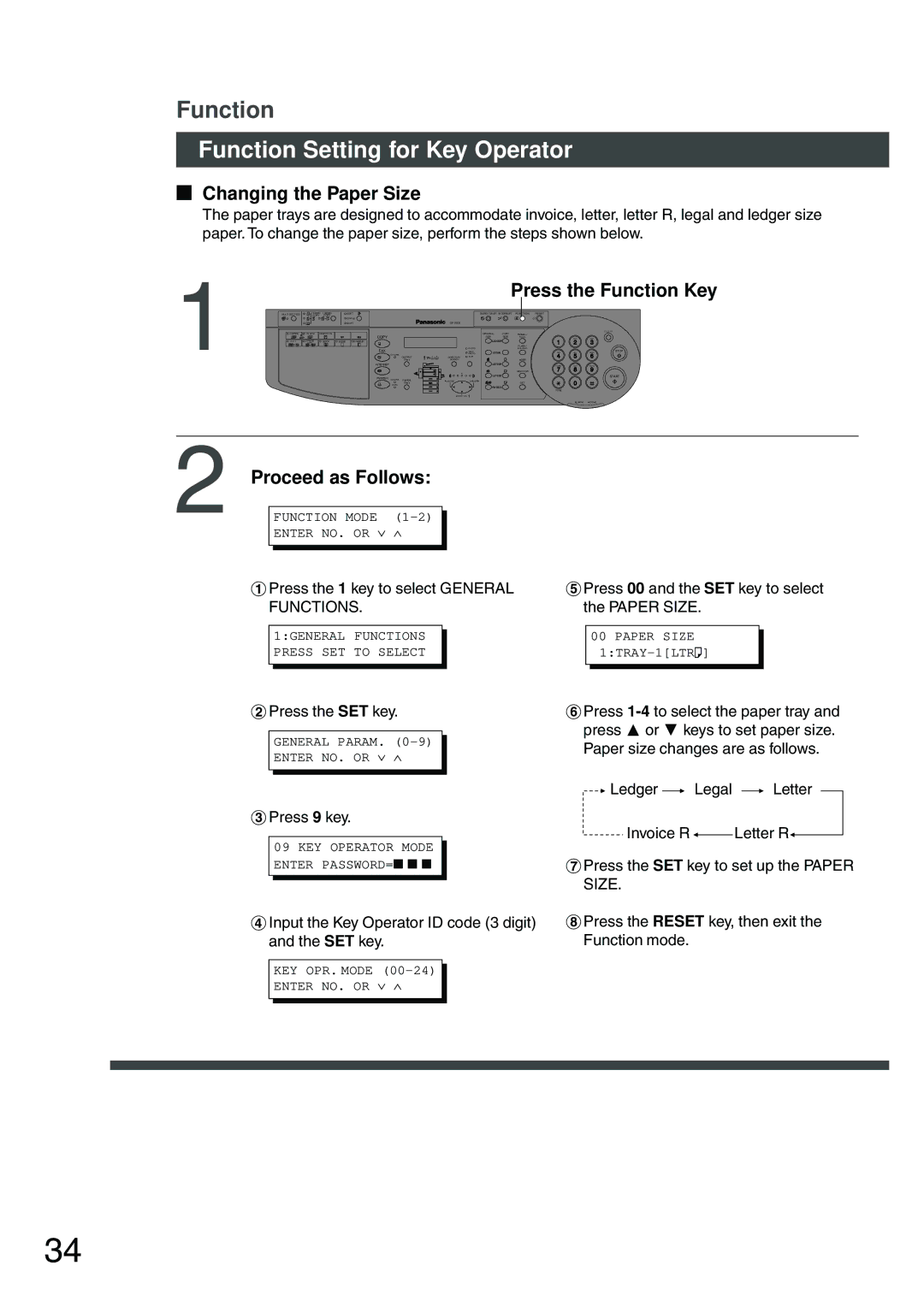 Panasonic DP-200 manual Function Setting for Key Operator, Changing the Paper Size 