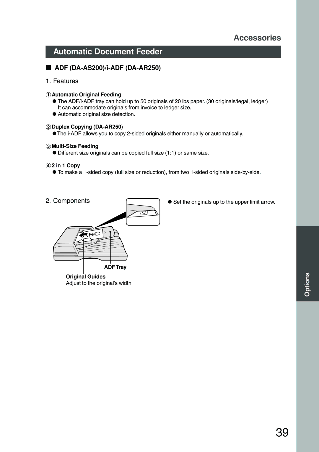 Panasonic DP-200 manual Automatic Document Feeder, ADF DA-AS200/i-ADF DA-AR250, Features, Components 