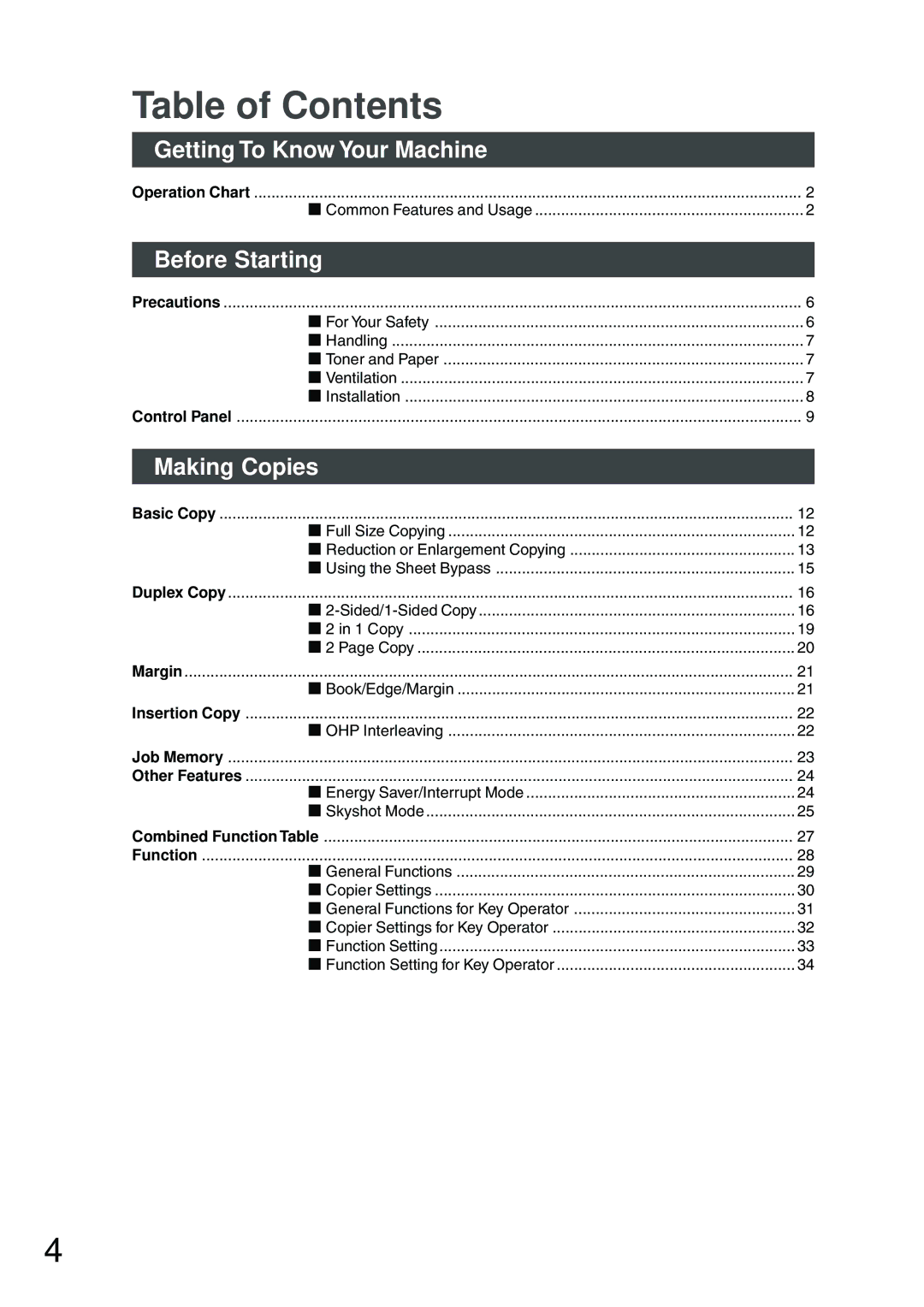 Panasonic DP-200 manual Table of Contents 