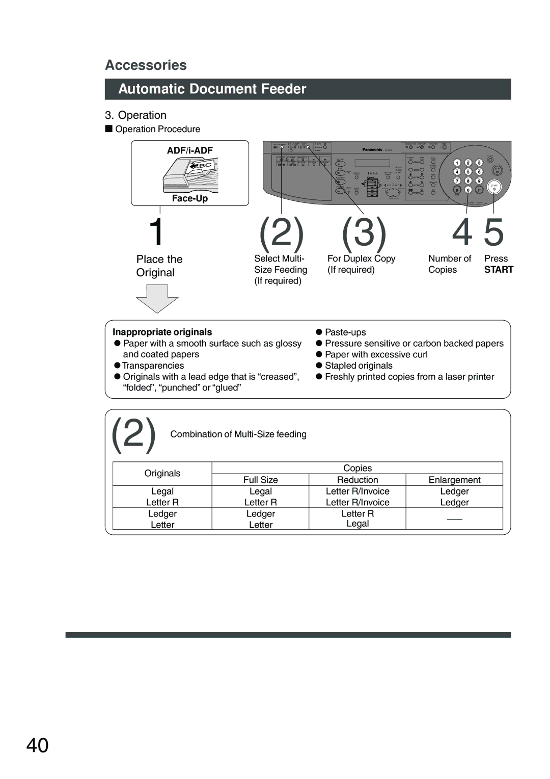 Panasonic DP-200 manual Operation, Place, Original, Inappropriate originals 