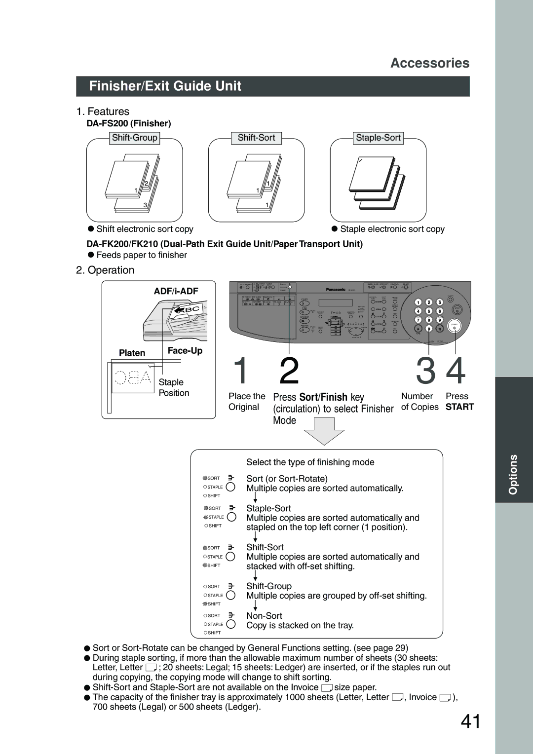 Panasonic DP-200 manual Finisher/Exit Guide Unit, DA-FS200 Finisher, Platen Face-Up, Press Sort/Finish key 