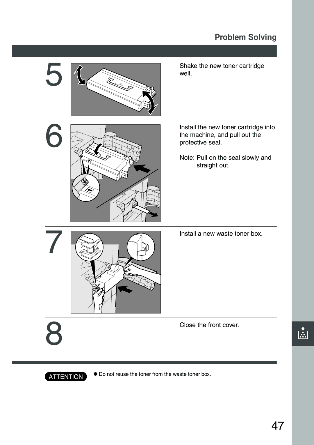 Panasonic DP-200 manual Shake the new toner cartridge, Well, Install the new toner cartridge into, Machine, and pull out 