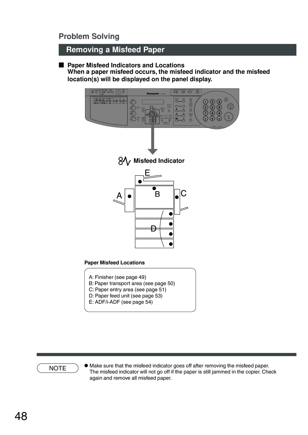 Panasonic DP-200 manual Removing a Misfeed Paper, Misfeed Indicator, Paper Misfeed Locations 