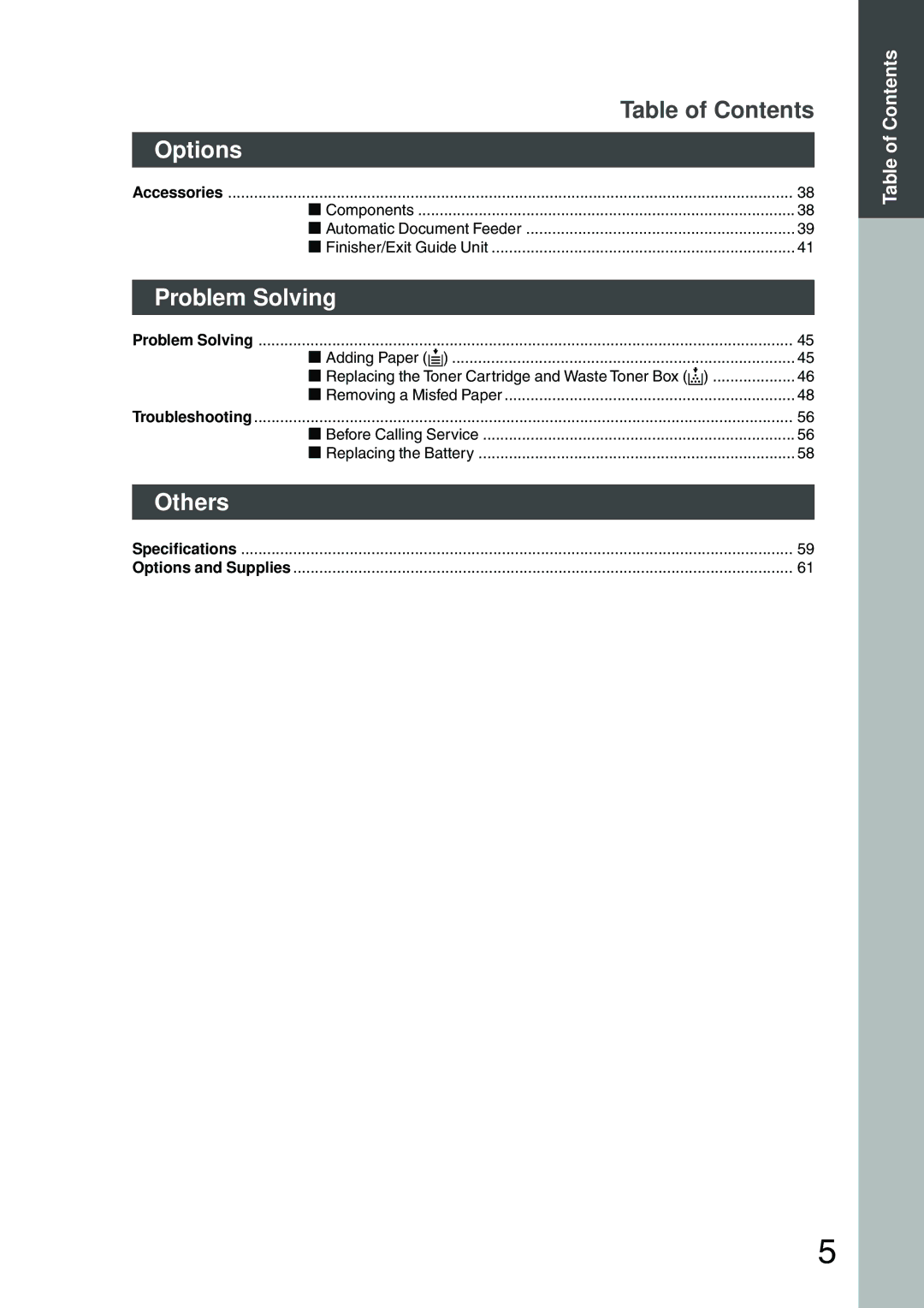 Panasonic DP-200 manual Options, Problem Solving, Others 