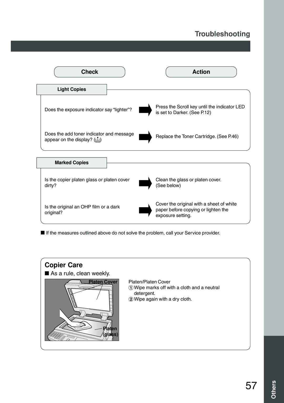 Panasonic DP-200 manual As a rule, clean weekly, Light Copies, Marked Copies, Platen Cover, Glass 