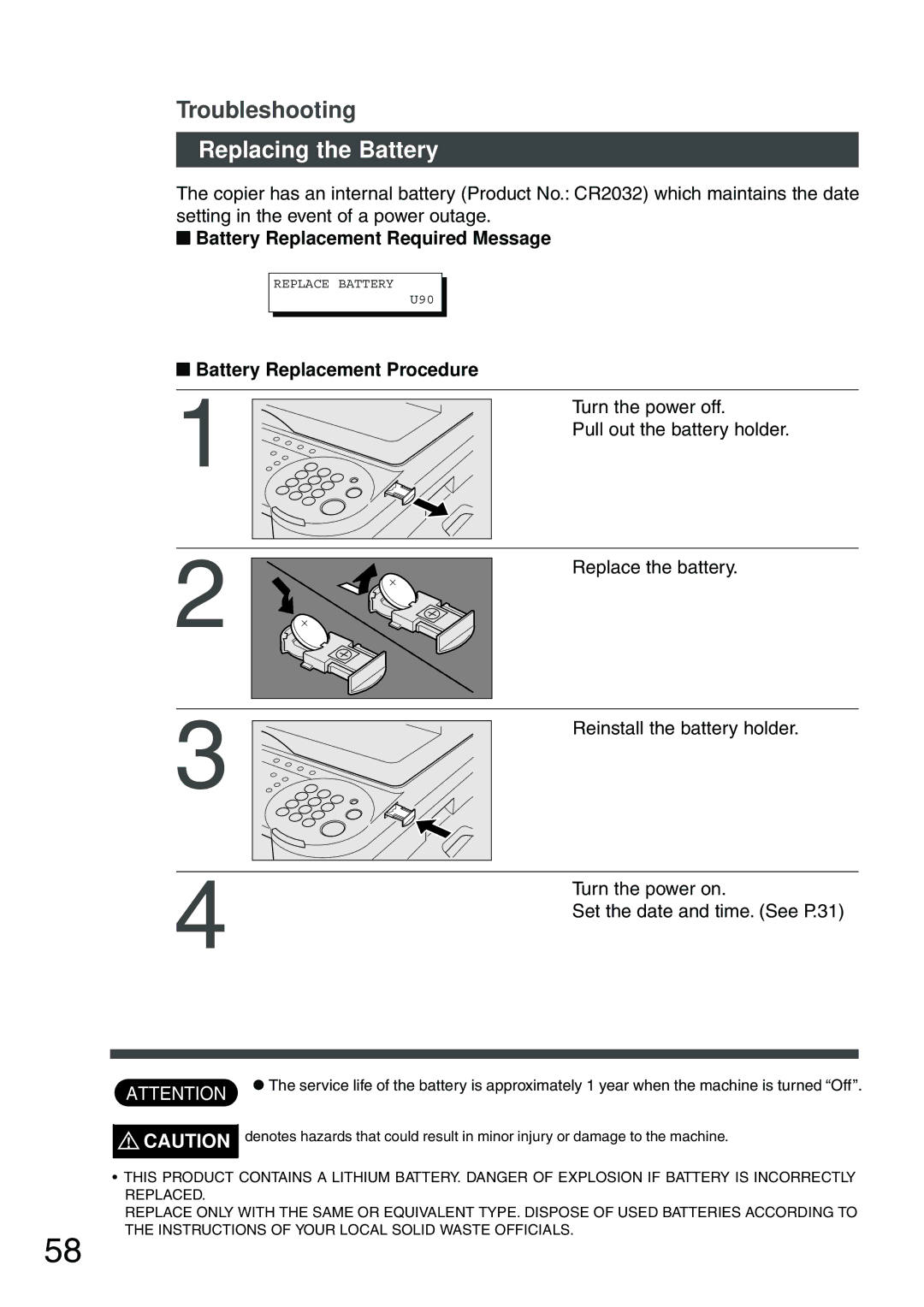 Panasonic DP-200 manual Replacing the Battery, Battery Replacement Required Message, Battery Replacement Procedure 