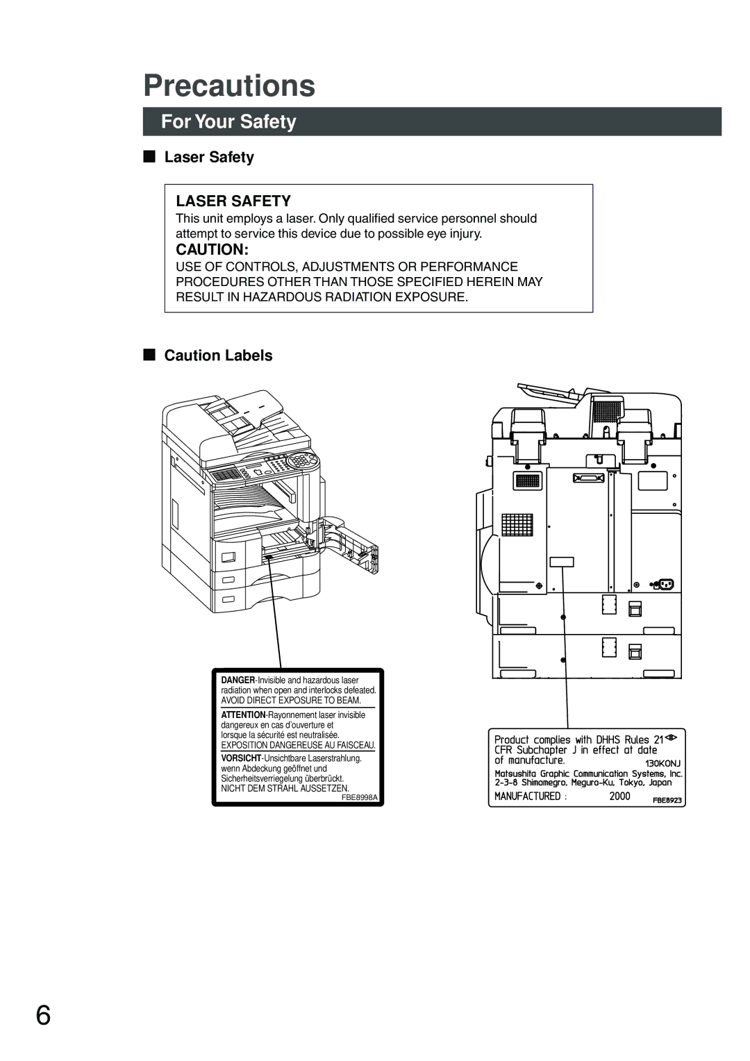 Panasonic DP-200 manual Precautions, For Your Safety, Laser Safety 