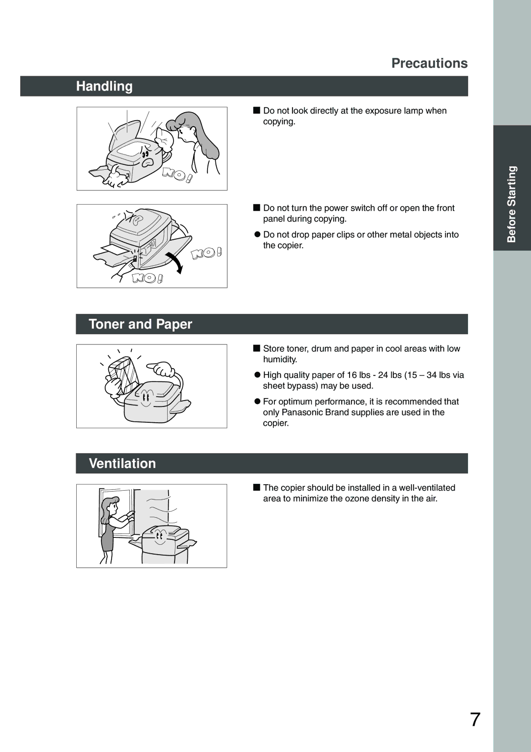 Panasonic DP-200 manual Handling Toner and Paper Ventilation, Precautions 