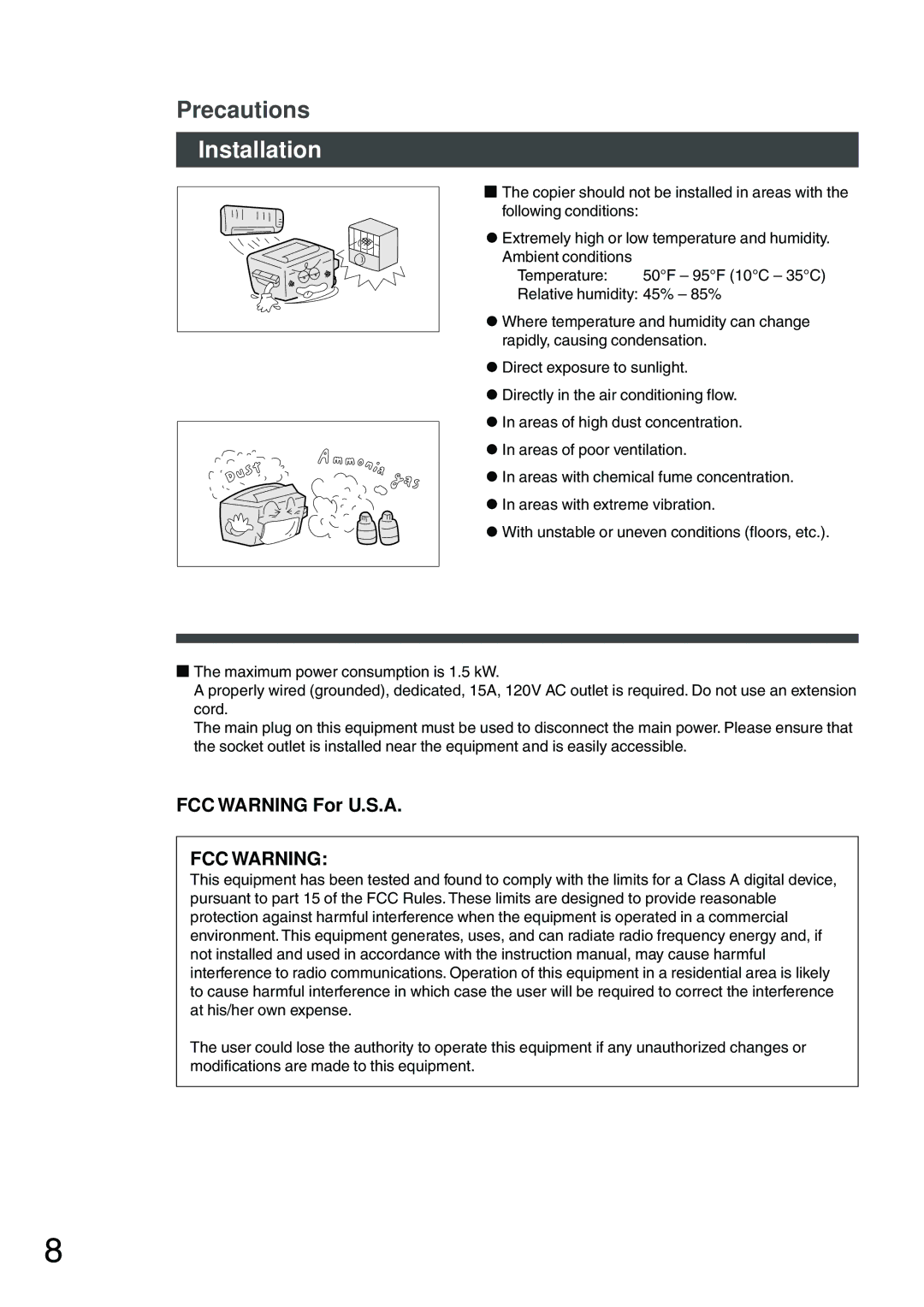 Panasonic DP-200 manual Installation, FCC Warning For U.S.A 