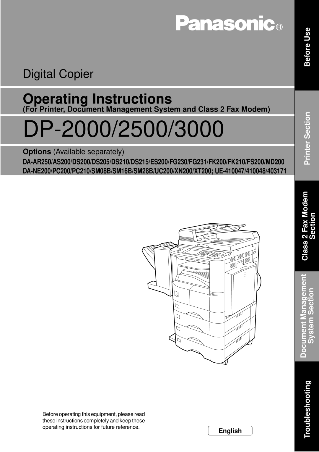 Panasonic DP-3000, DP-2500 manual Options, English 