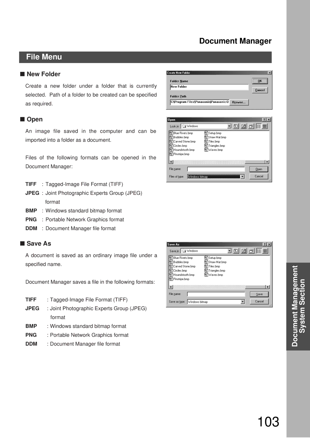 Panasonic DP-3000, DP-2000 manual 103, File Menu, New Folder, Open, Save As 