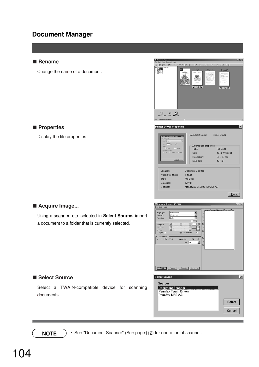 Panasonic DP-2000, DP-3000 manual 104, Rename, Properties, Acquire Image, Select Source 