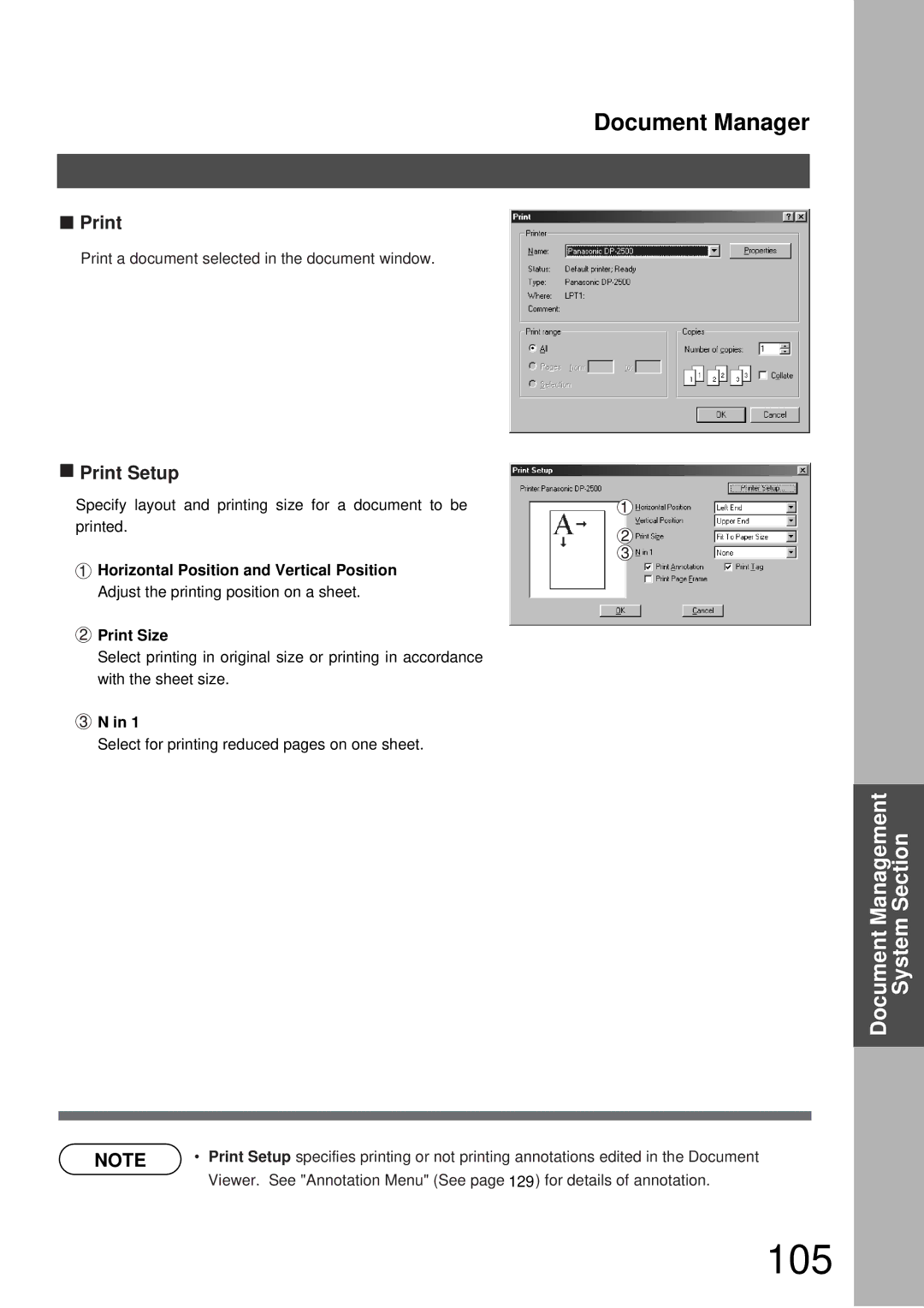 Panasonic DP-3000, DP-2000 manual 105, Print Setup, Horizontal Position and Vertical Position, Print Size 