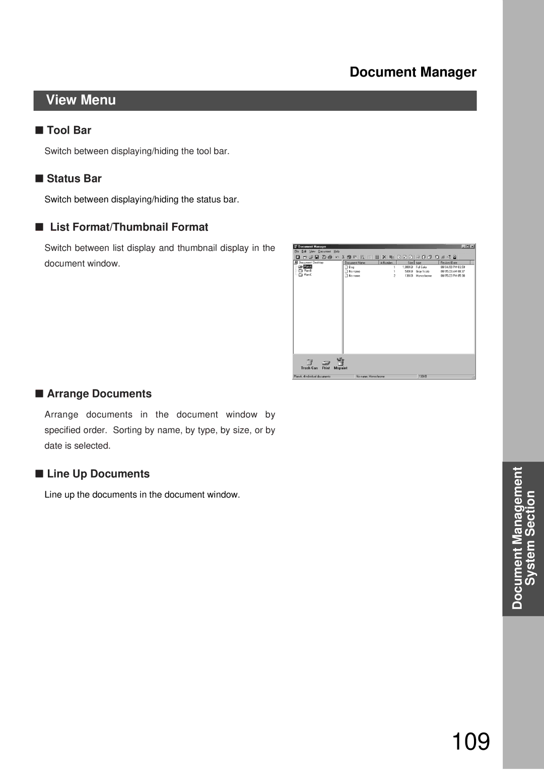 Panasonic DP-3000, DP-2000 manual 109, View Menu, List Format/Thumbnail Format, Arrange Documents, Line Up Documents 