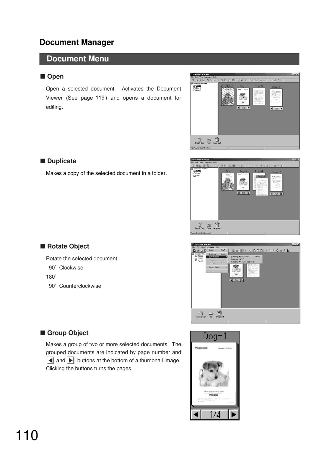 Panasonic DP-2000, DP-3000 manual 110, Document Menu, Duplicate, Rotate Object, Group Object 