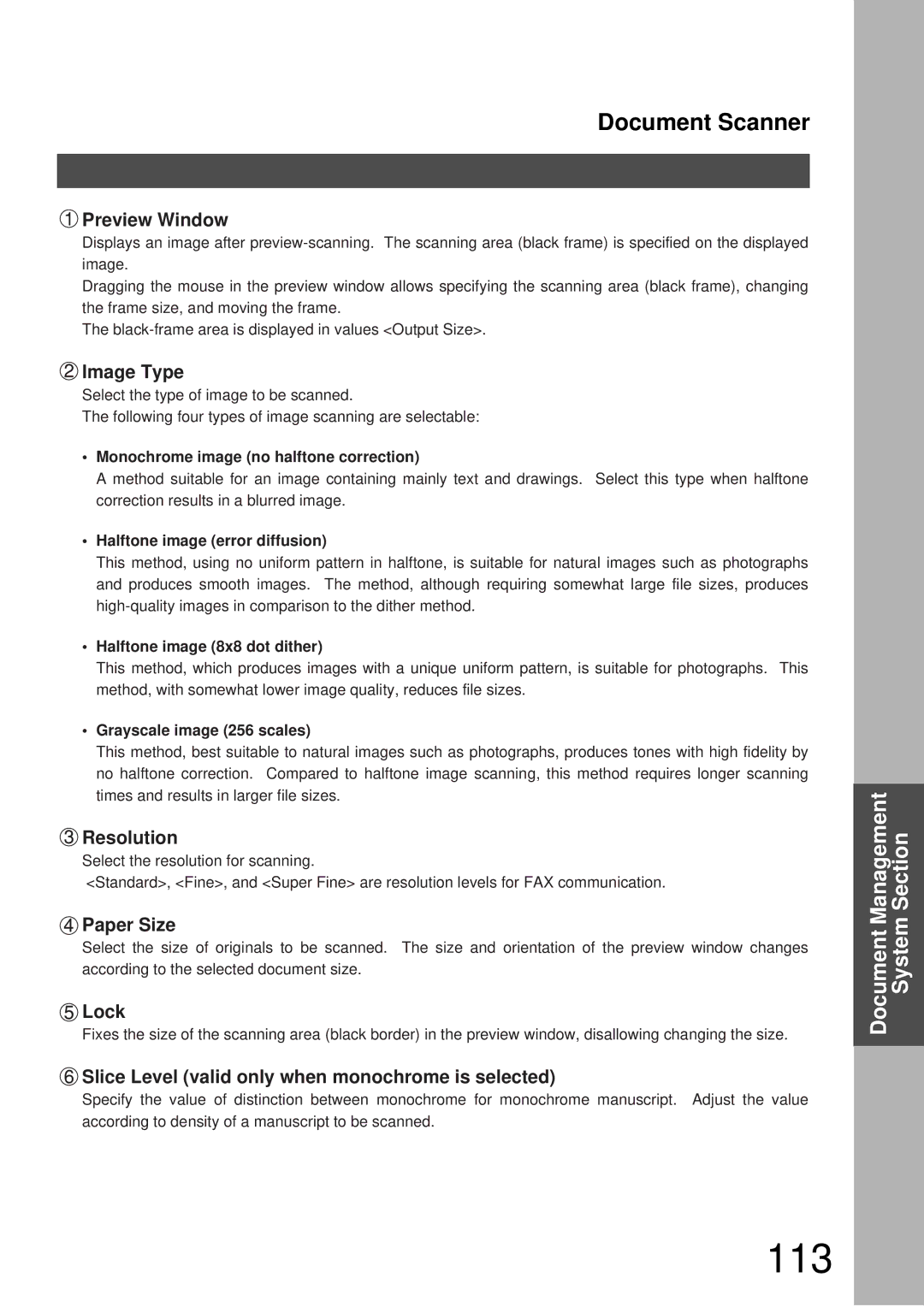 Panasonic DP-3000, DP-2000 manual 113, Preview Window, Image Type, Lock, Slice Level valid only when monochrome is selected 