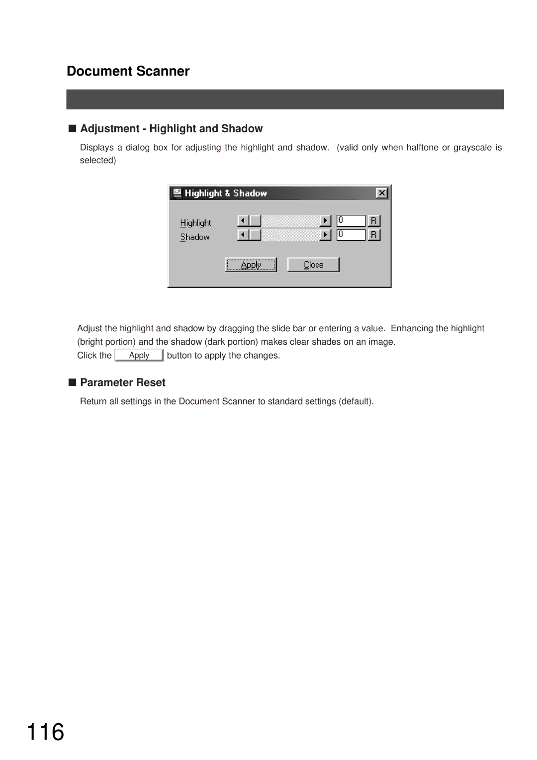 Panasonic DP-2000, DP-3000 manual 116, Adjustment Highlight and Shadow, Parameter Reset 