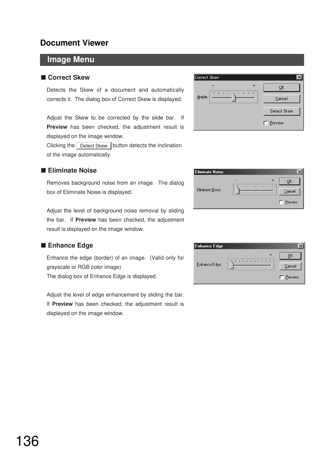 Panasonic DP-2000, DP-3000 manual 136, Image Menu, Correct Skew, Eliminate Noise, Enhance Edge 