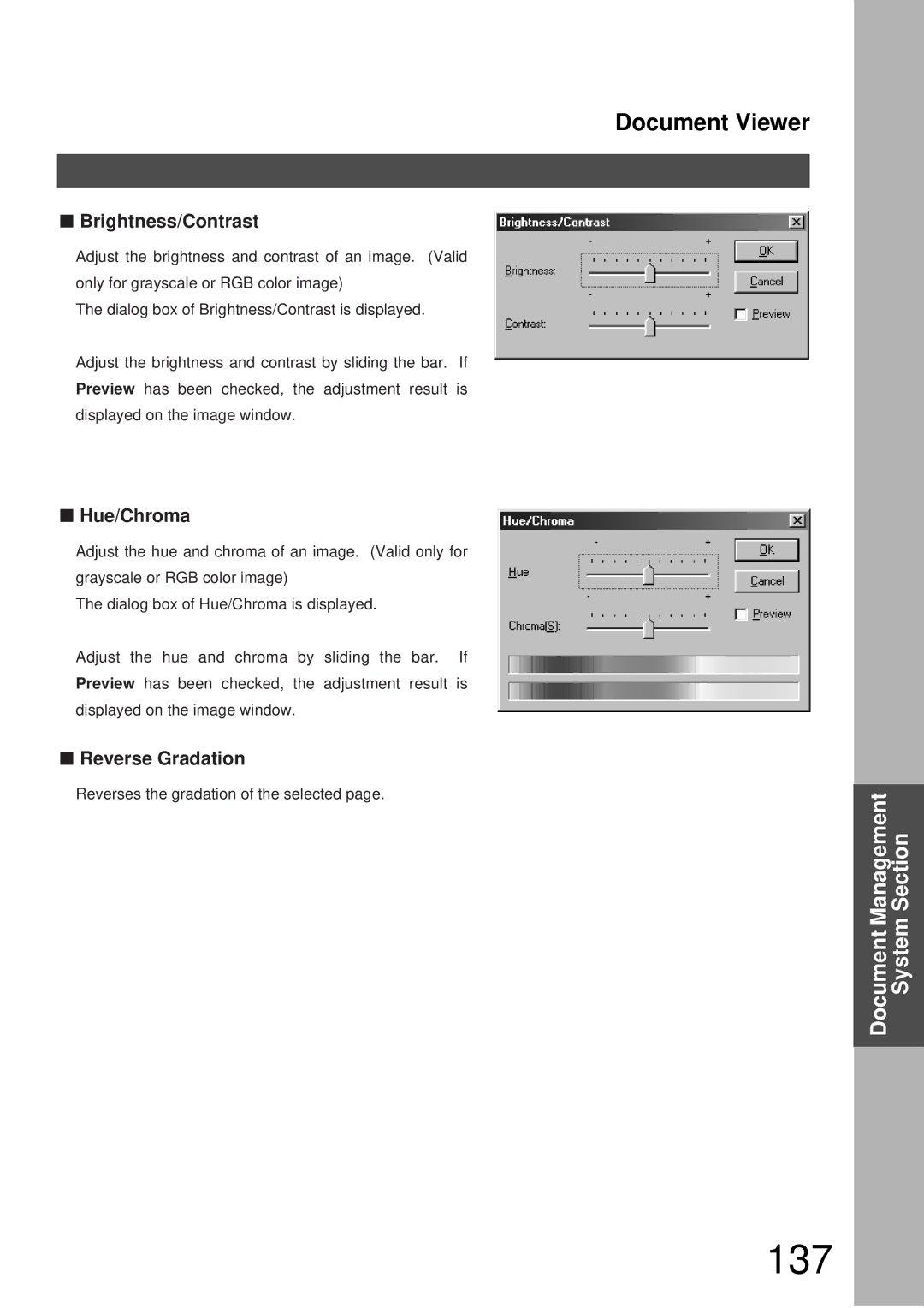 Panasonic DP-3000, DP-2000 manual 137, Brightness/Contrast, Hue/Chroma, Reverse Gradation 