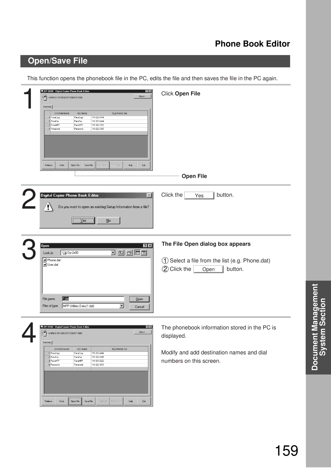 Panasonic DP-3000, DP-2000 manual 159, Open/Save File, Open File, File Open dialog box appears 