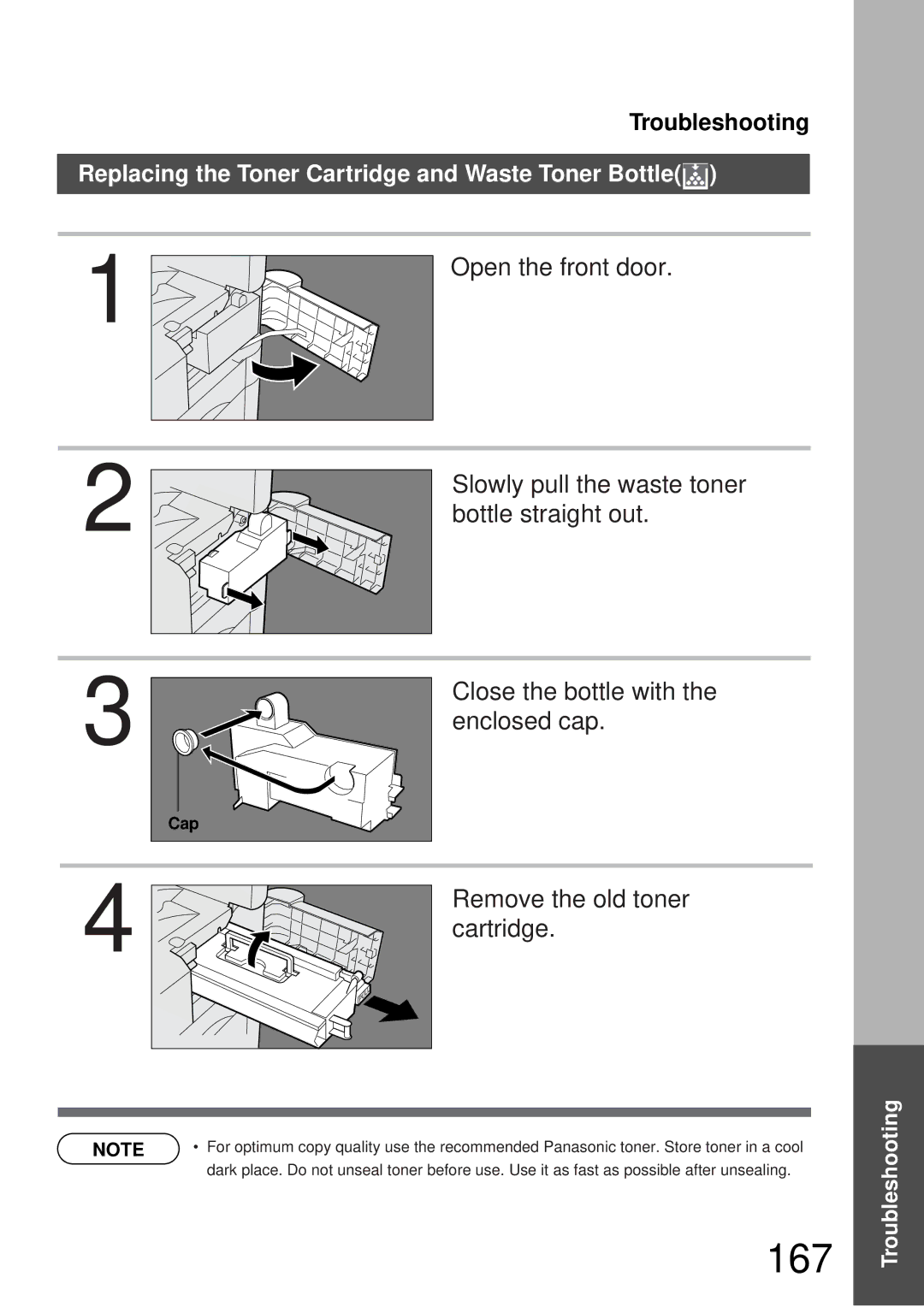 Panasonic DP-3000, DP-2000 manual 167, Replacing the Toner Cartridge and Waste Toner Bottle 