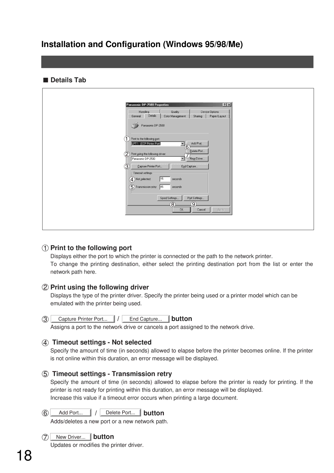 Panasonic DP-2000 Details Tab Print to the following port, Print using the following driver, Timeout settings Not selected 