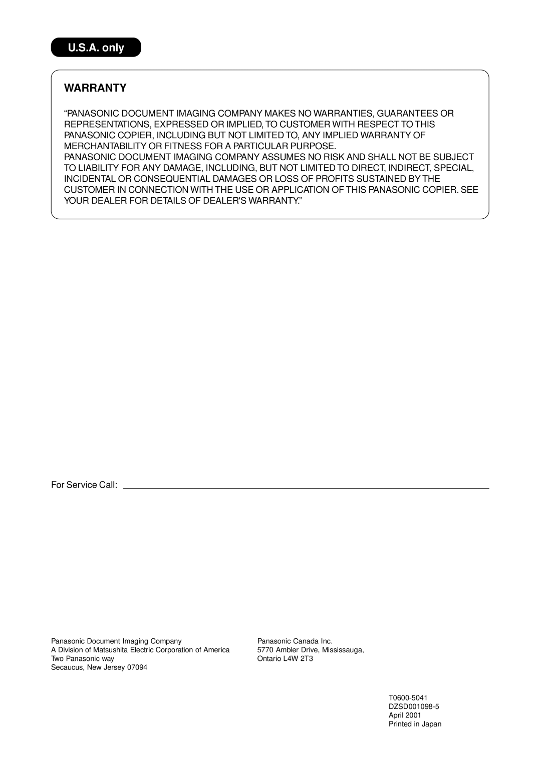 Panasonic DP-2000, DP-3000 manual Warranty 