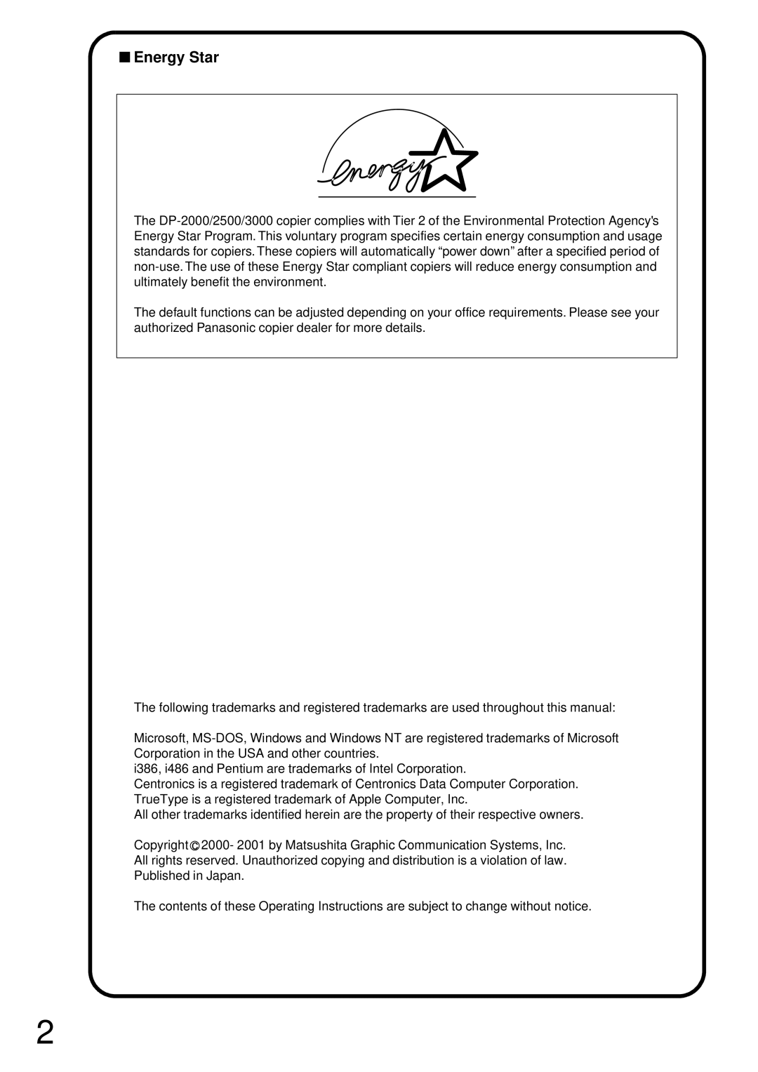 Panasonic DP-2000, DP-3000 manual Energy Star 