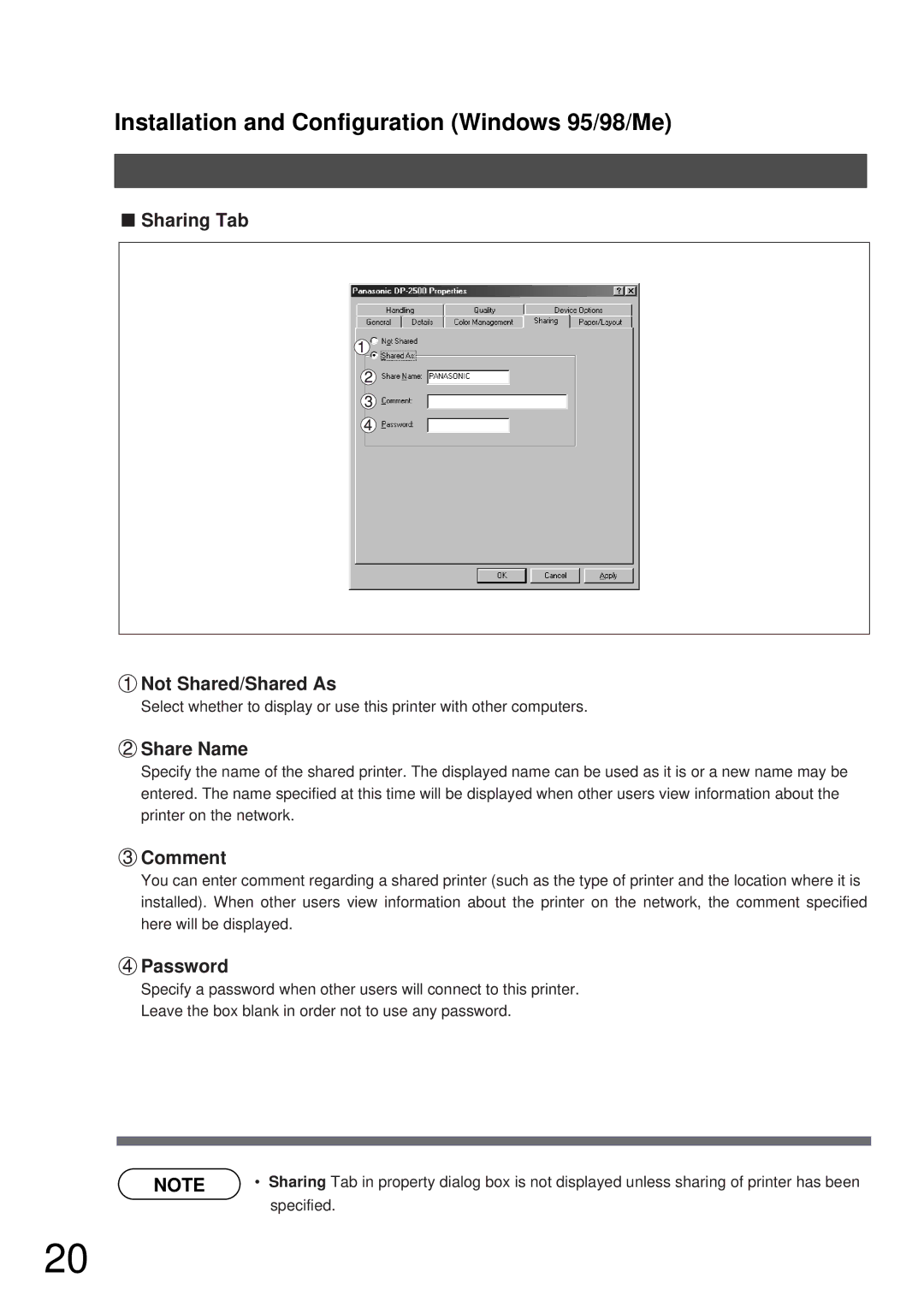 Panasonic DP-2000, DP-3000 manual Sharing Tab Not Shared/Shared As, Share Name, Password 