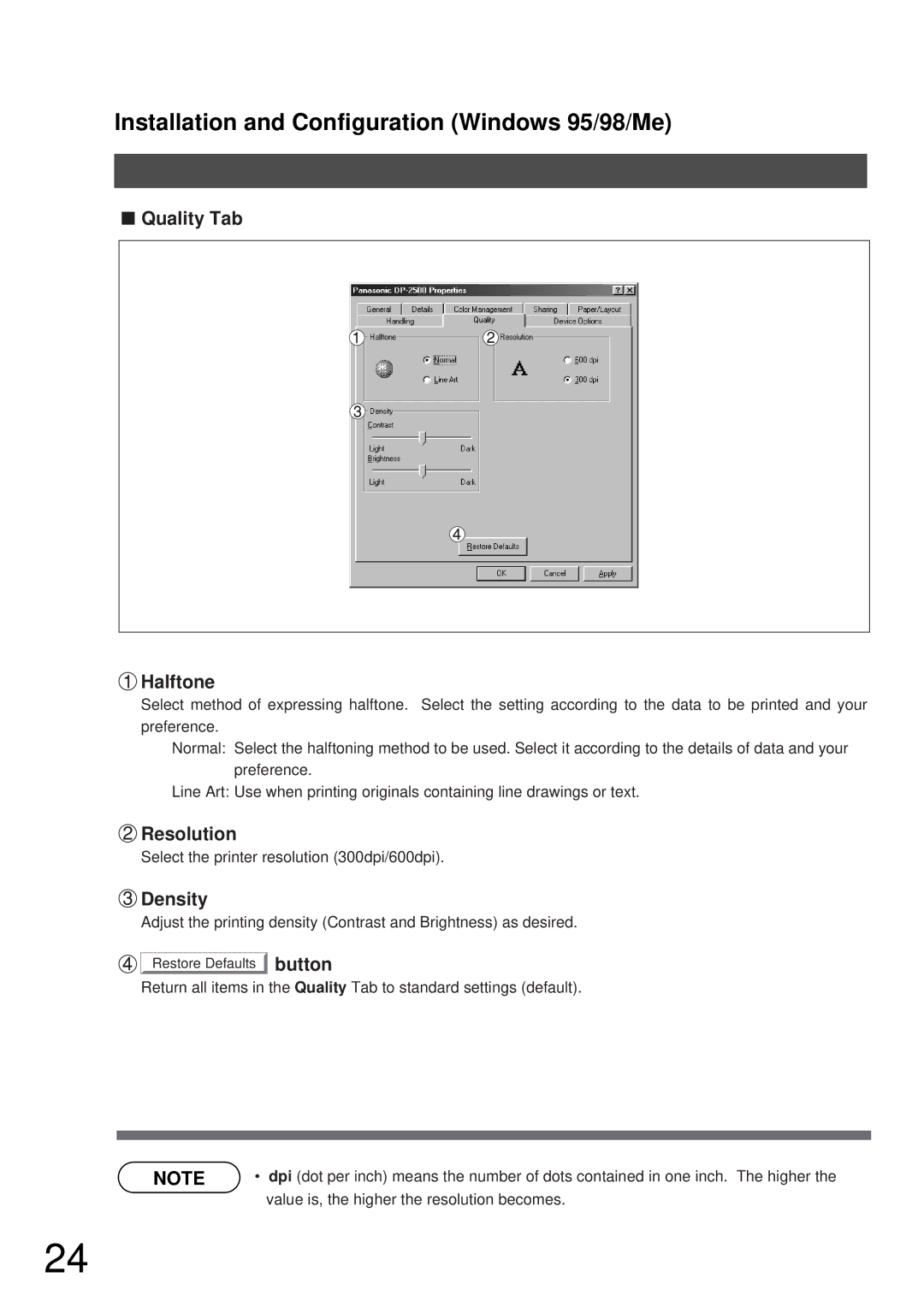 Panasonic DP-2000, DP-3000 manual Quality Tab Halftone, Resolution, Density 