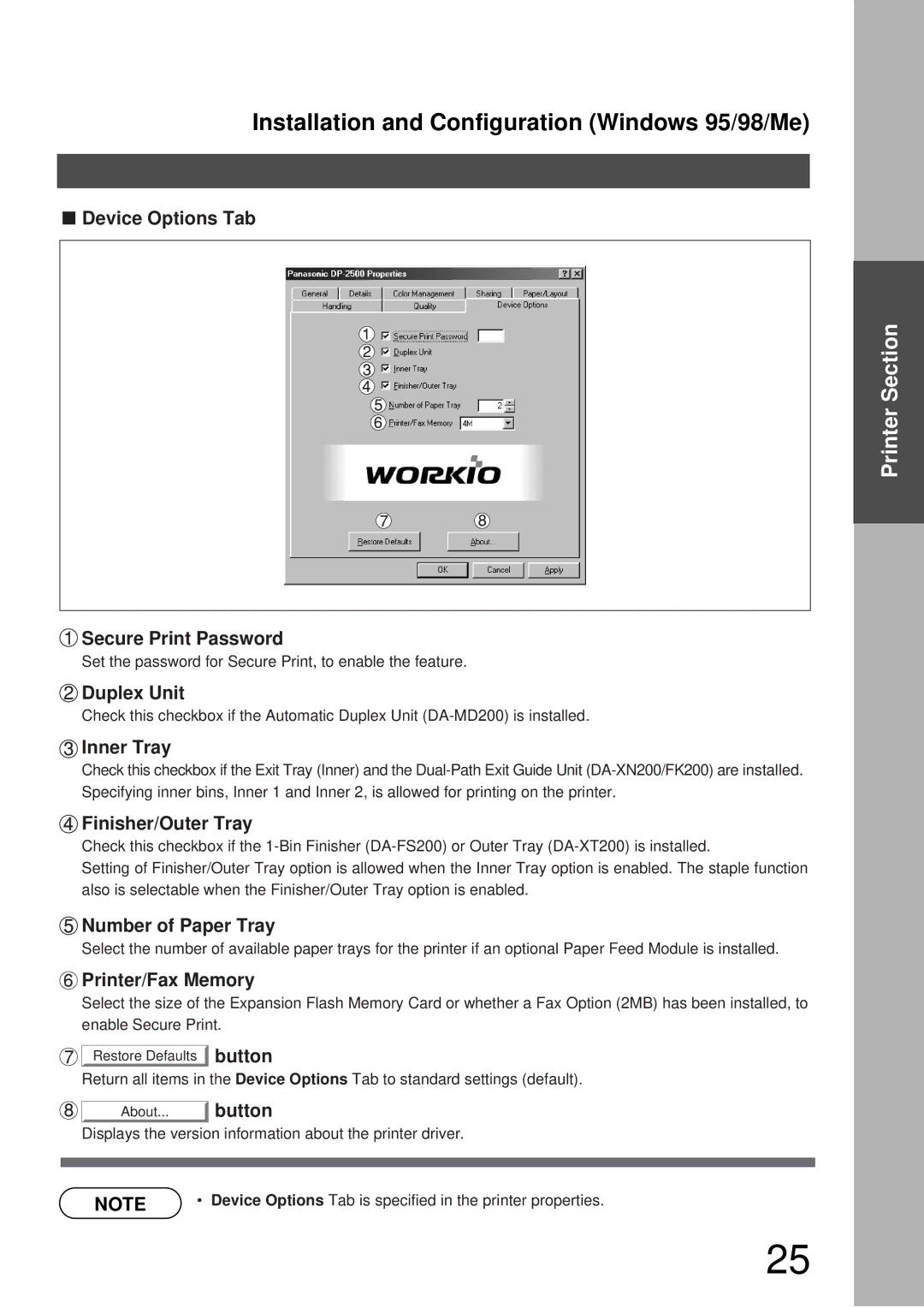 Panasonic DP-3000, DP-2000 manual Device Options Tab, Secure Print Password, Duplex Unit, Inner Tray, Finisher/Outer Tray 