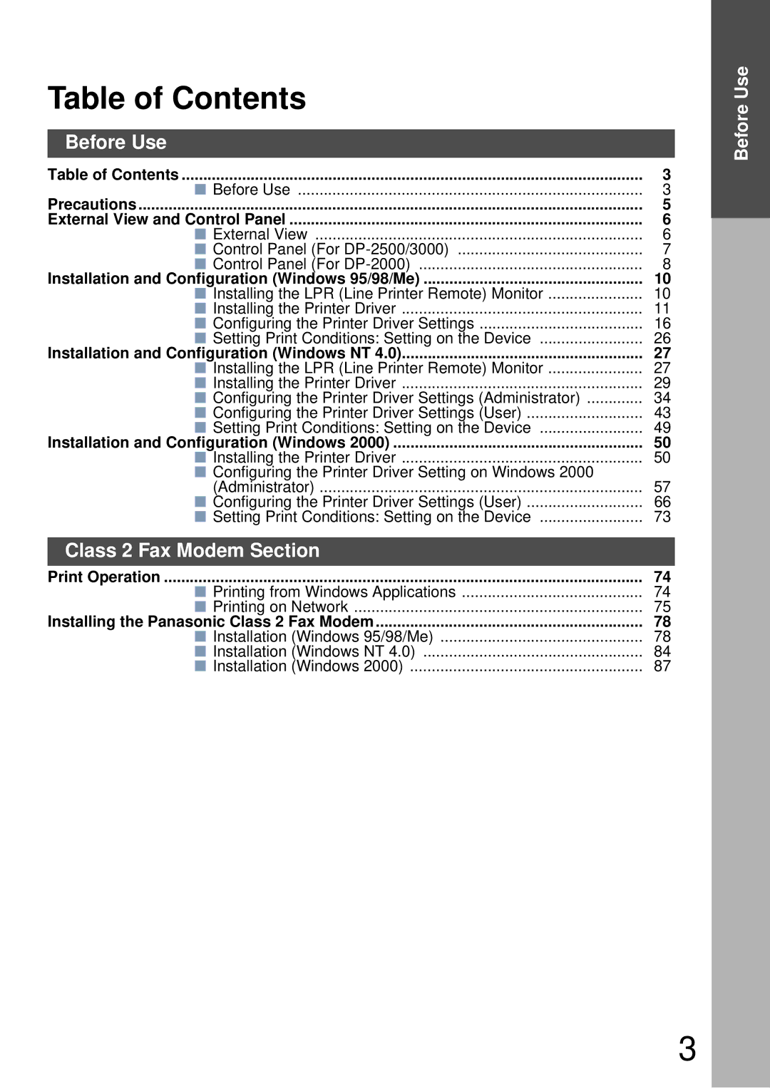 Panasonic DP-3000, DP-2000 manual Table of Contents 