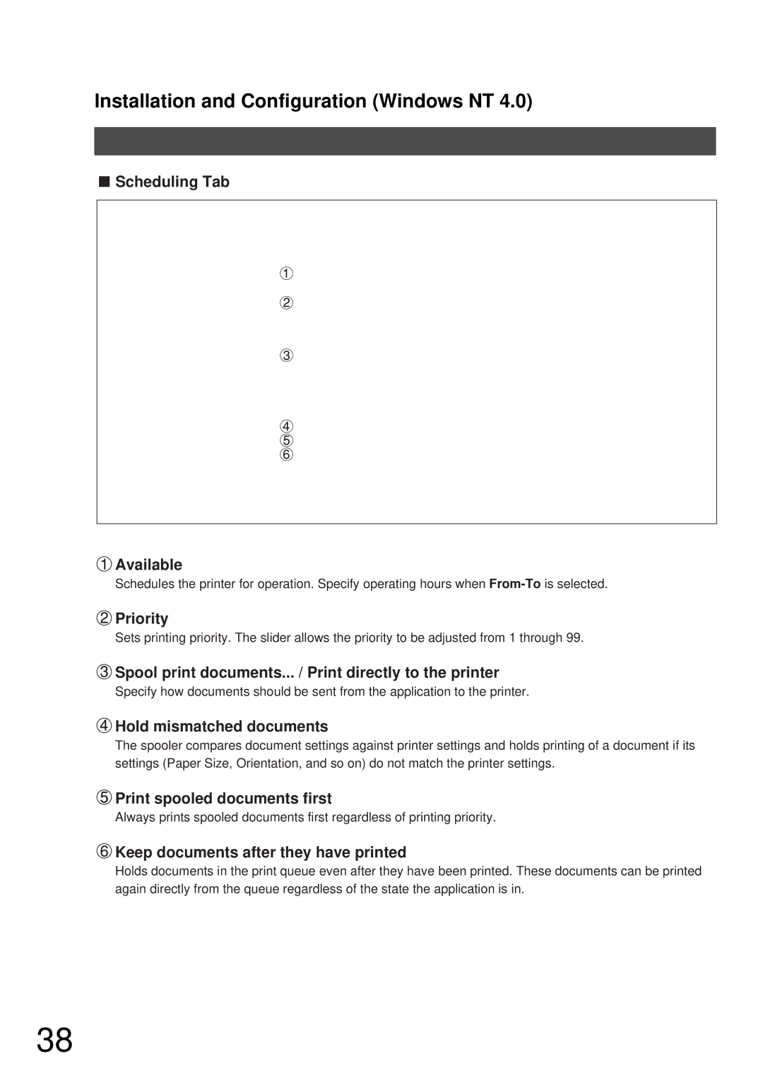 Panasonic DP-2000, DP-3000 Scheduling Tab Available, Priority, Spool print documents... / Print directly to the printer 