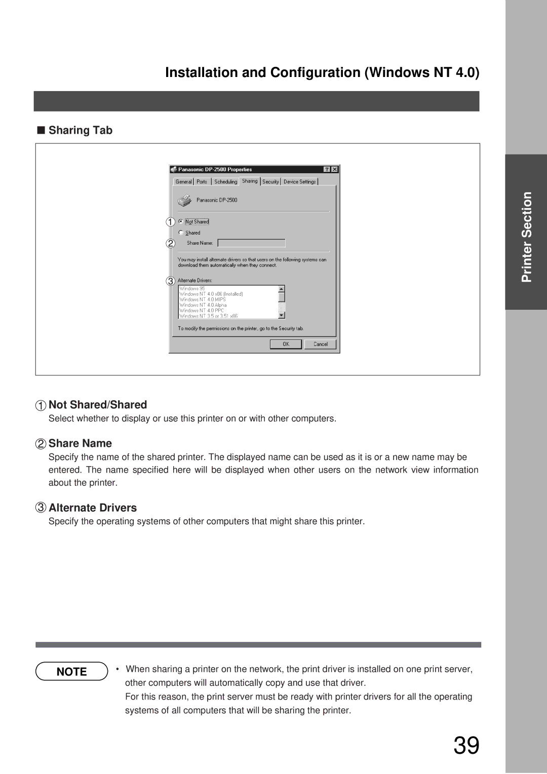 Panasonic DP-3000, DP-2000 manual Sharing Tab, Not Shared/Shared, Alternate Drivers 