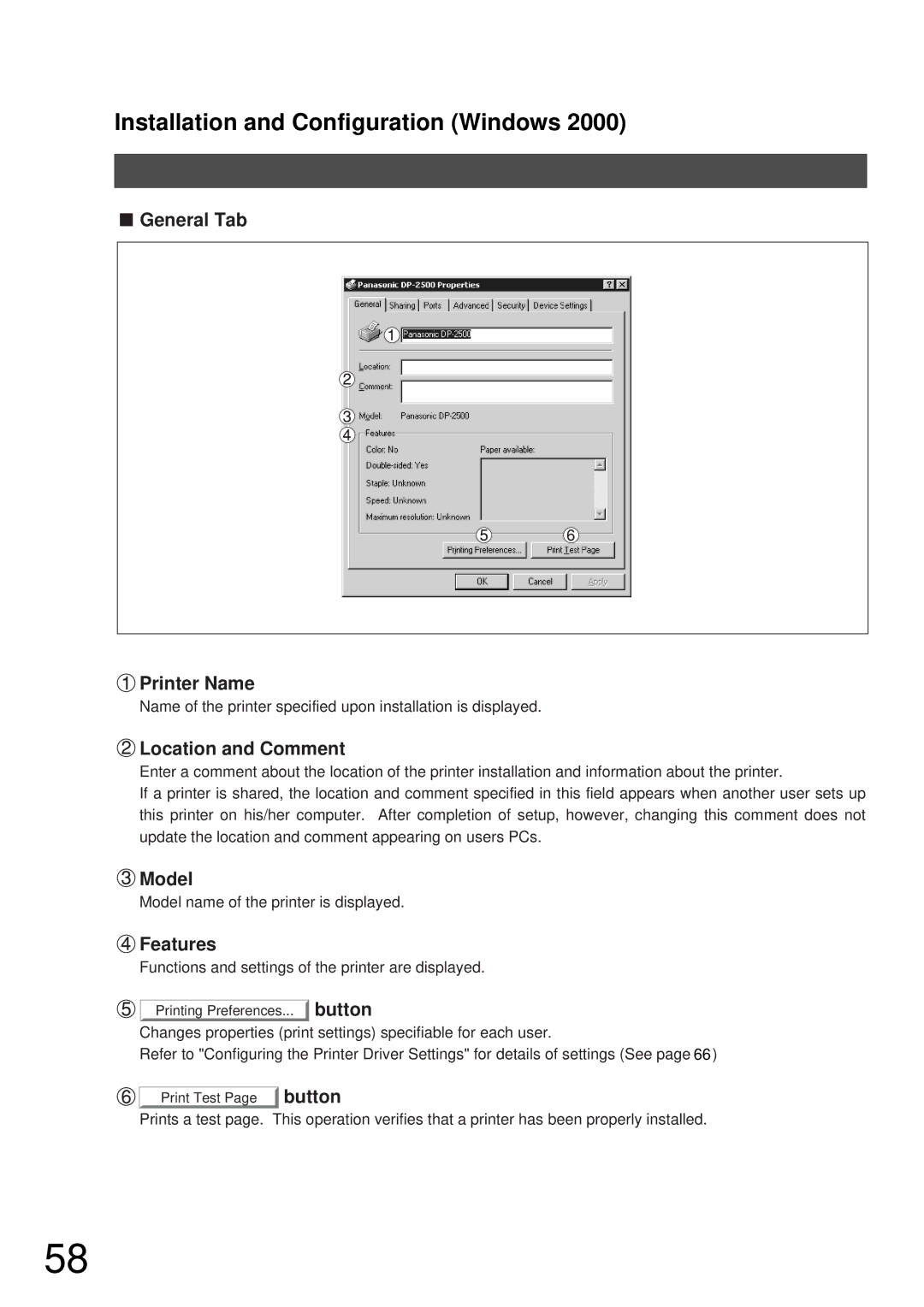 Panasonic DP-2000, DP-3000 manual General Tab Printer Name, Location and Comment, Model, Features 