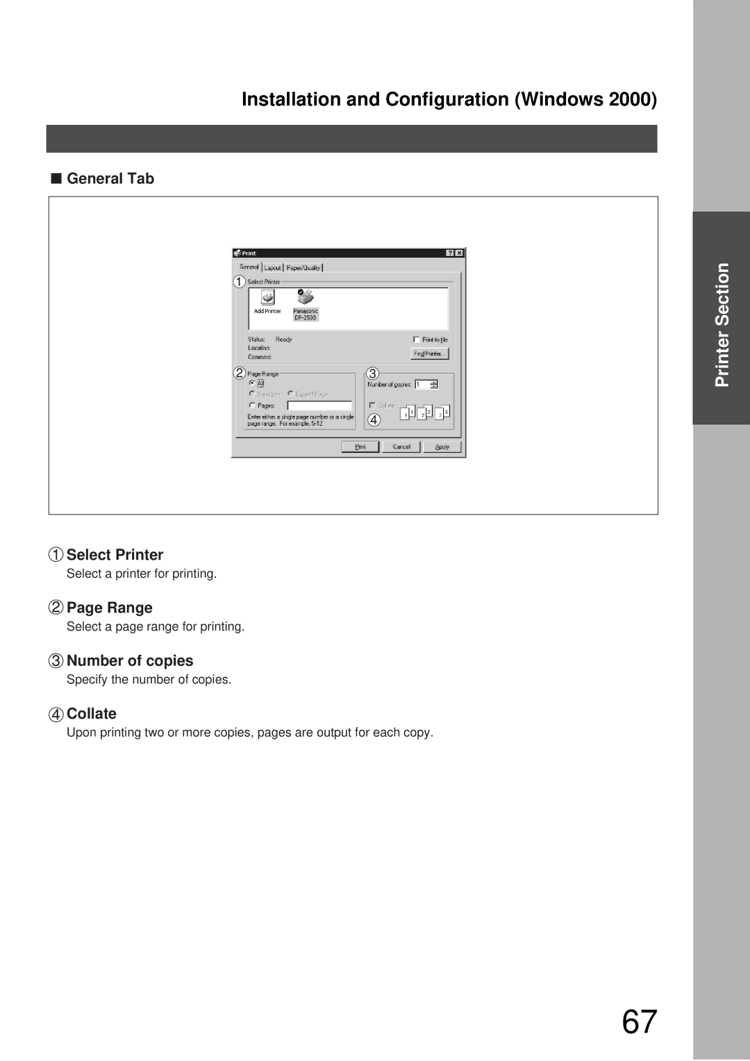 Panasonic DP-3000, DP-2000 manual Select Printer, Range, Number of copies, Collate 