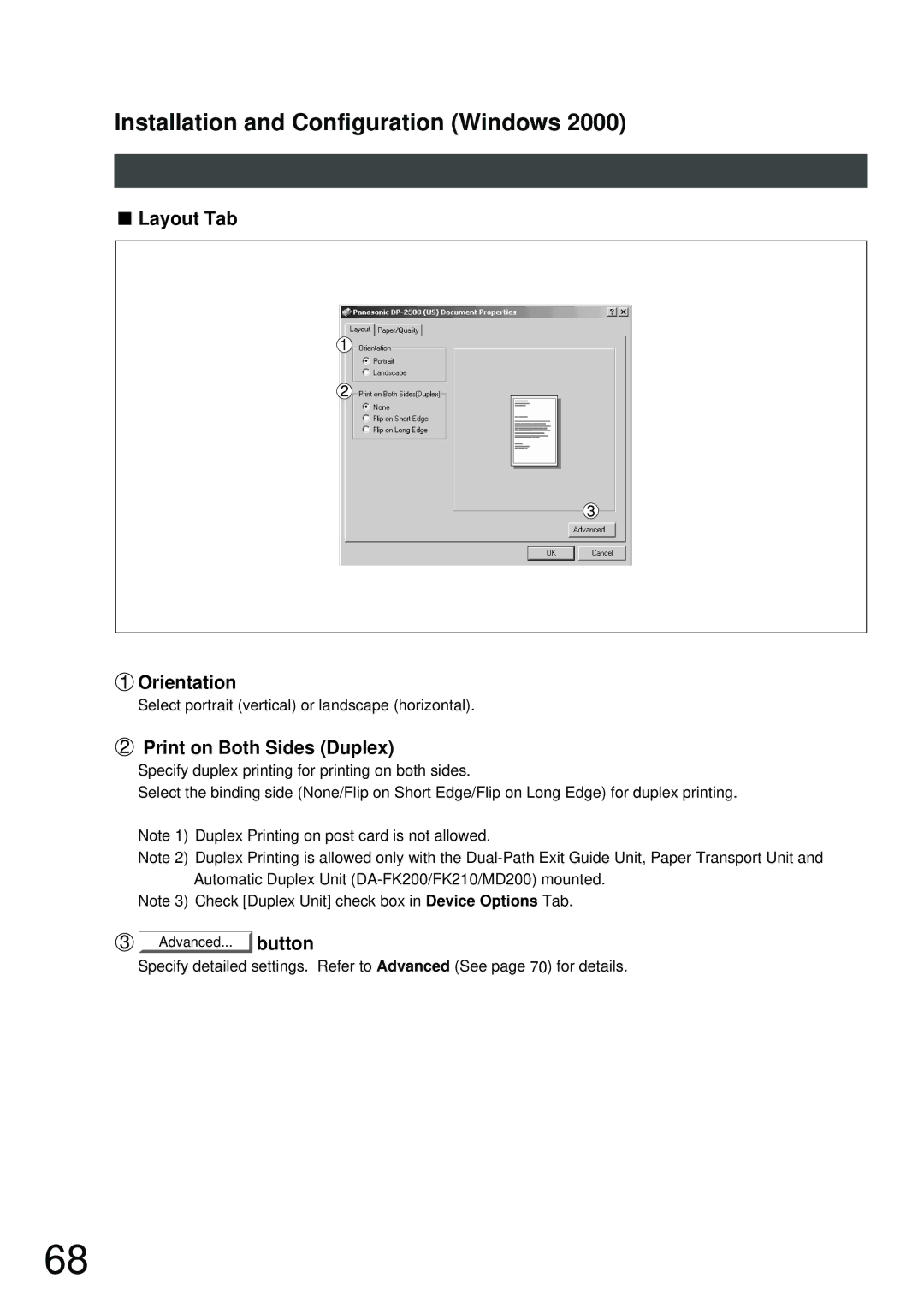 Panasonic DP-2000, DP-3000 manual Layout Tab Orientation, Print on Both Sides Duplex 