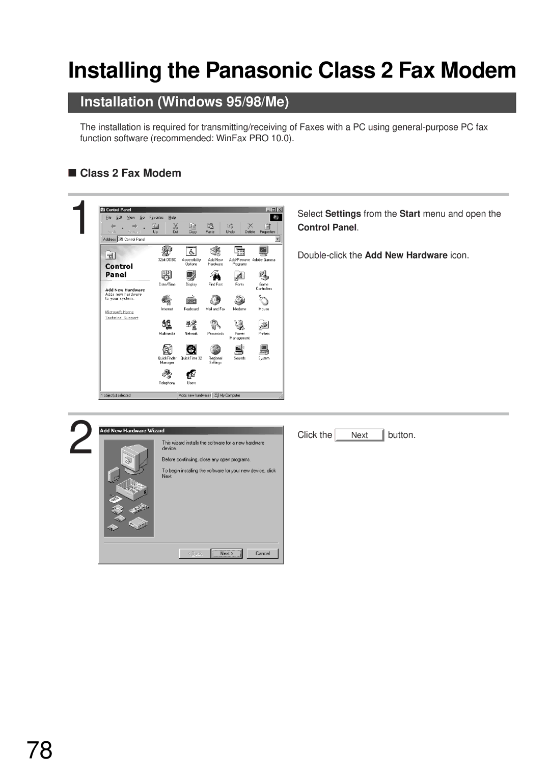 Panasonic DP-2000, DP-3000 manual Installation Windows 95/98/Me, Class 2 Fax Modem, Control Panel 