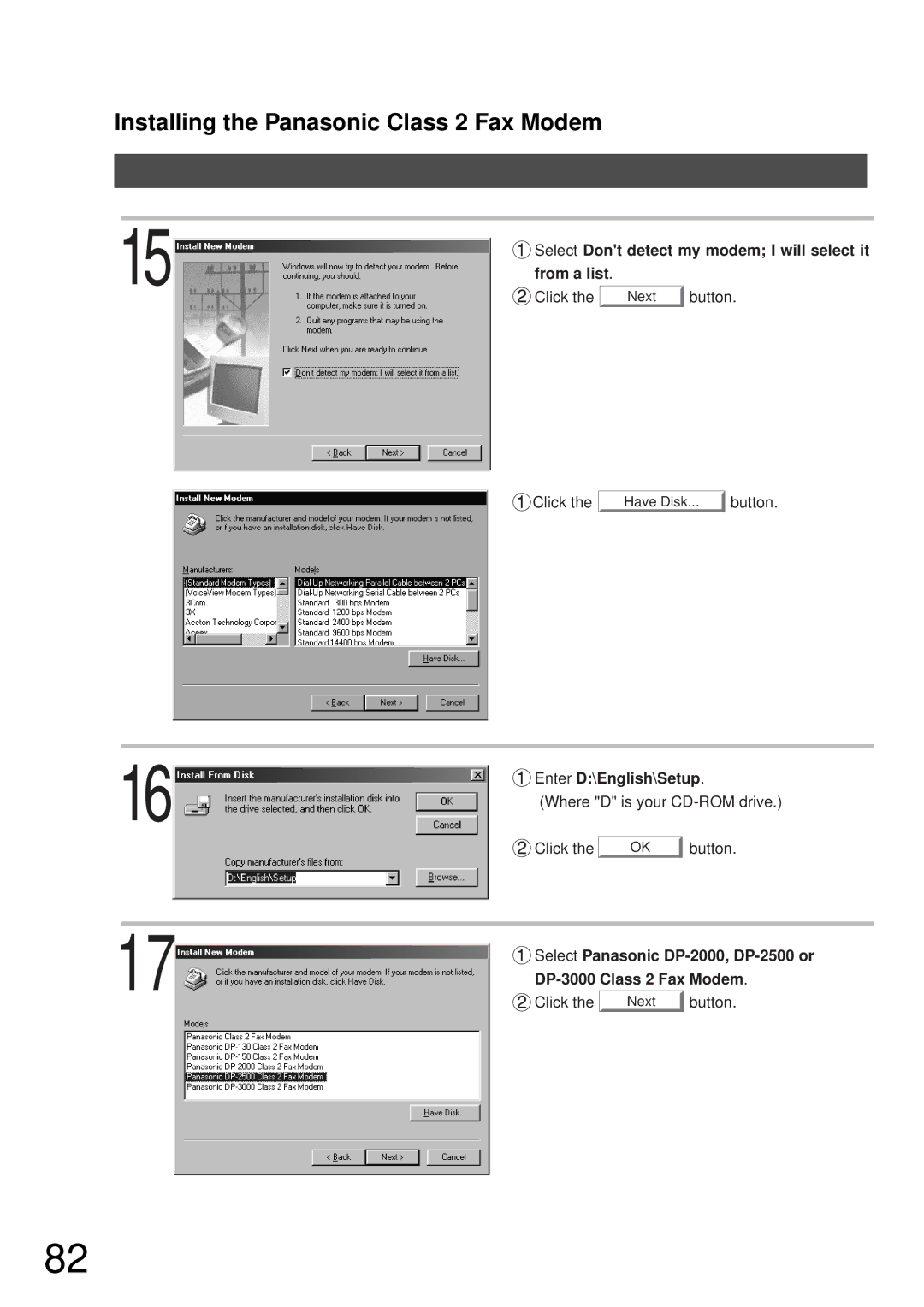 Panasonic DP-2000, DP-3000 manual Select Dont detect my modem I will select it, From a list, Enter D\English\Setup 